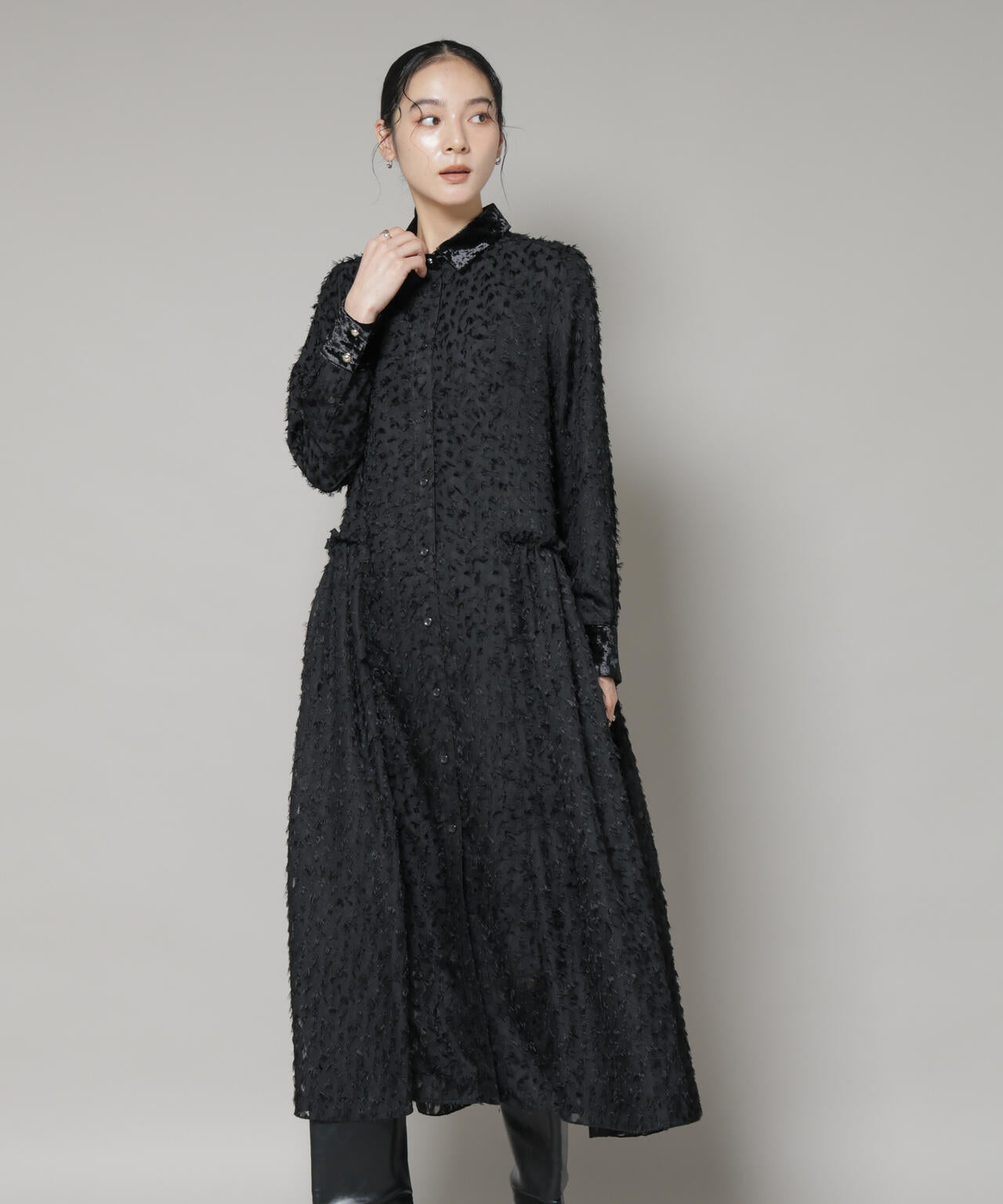 フリンジ ジャガード ナロー シャツワンピース