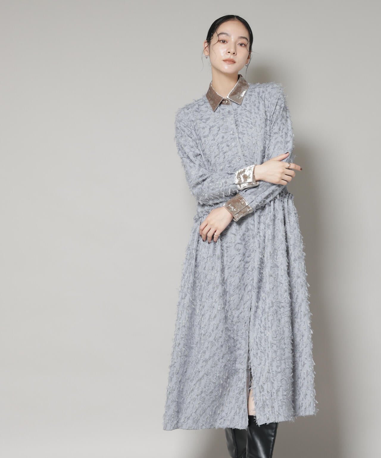 フリンジジャガードナローシャツワンピース 6695219326