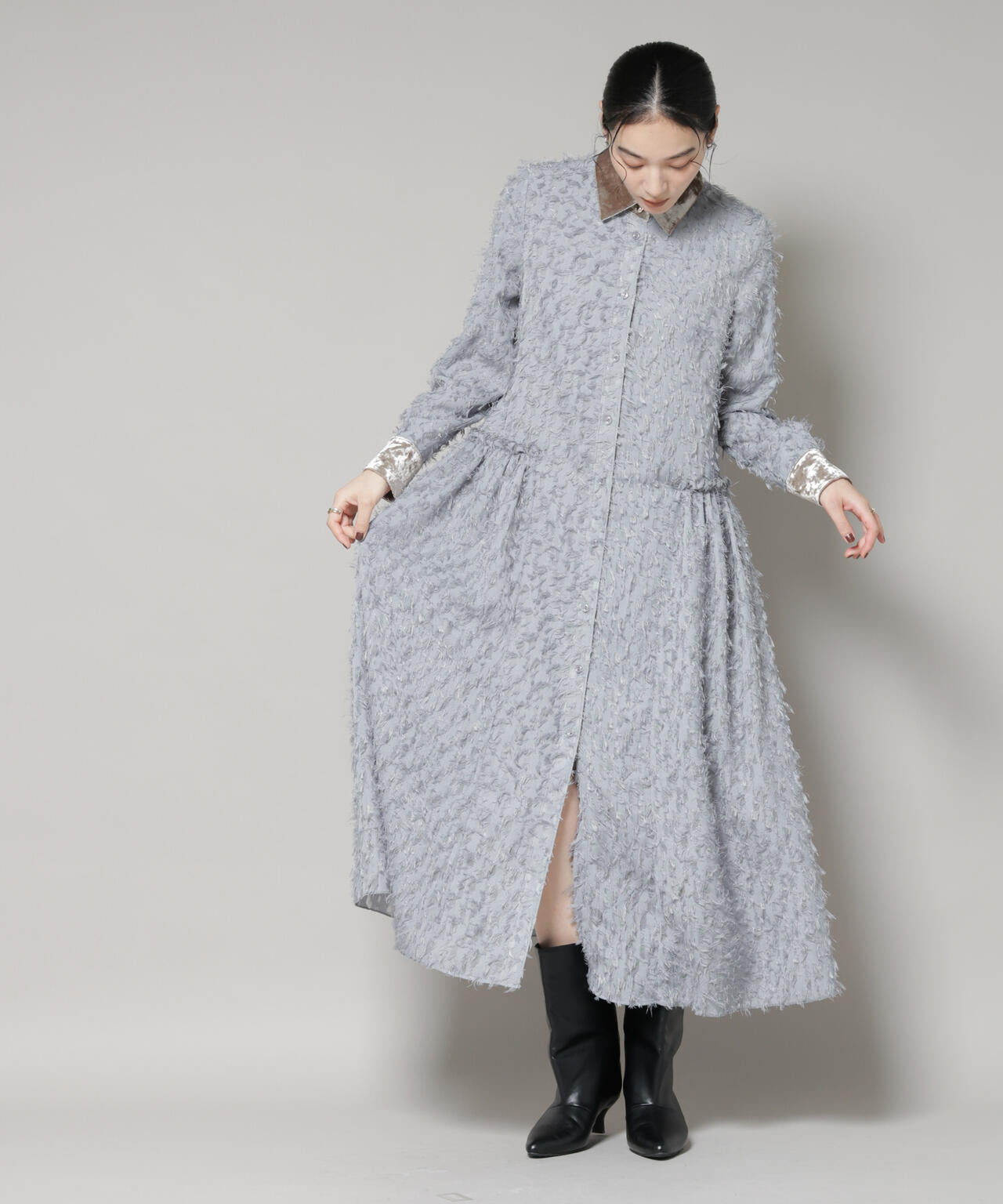 フリンジジャガードナローシャツワンピース 6695219326