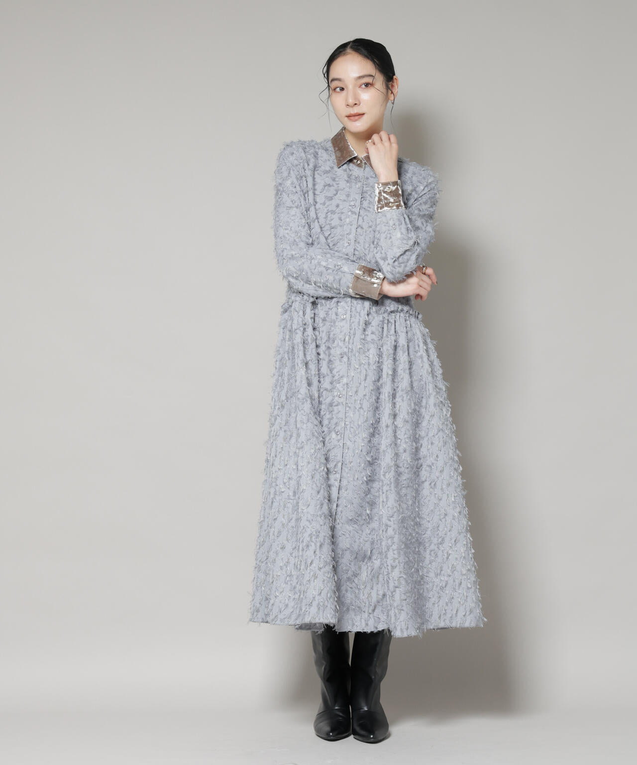 フリンジジャガードナローシャツワンピース 6695219326