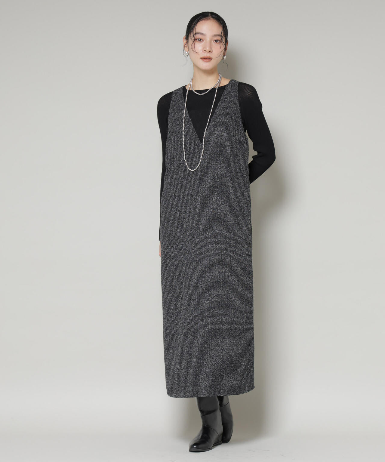 ツイードIラインワンピース×シアーリブニットセット 6695219329