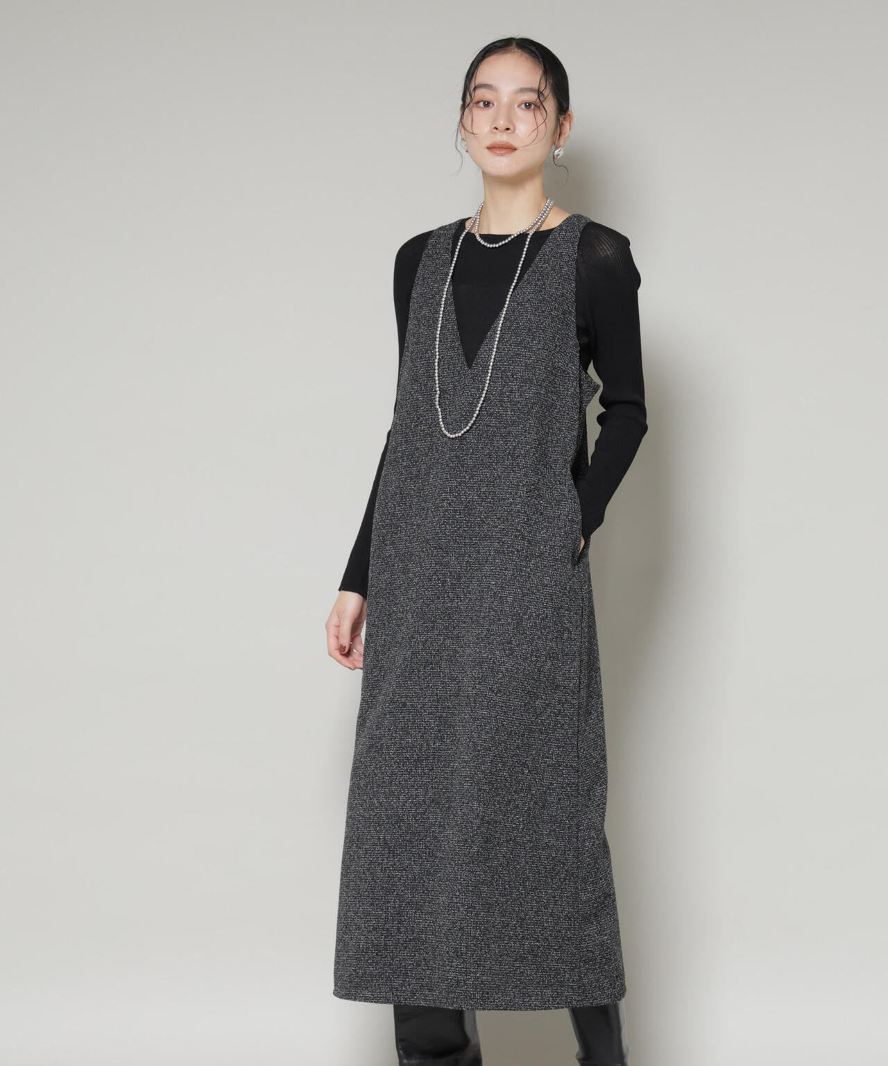ツイード Iライン ワンピース × シアー リブニット セット