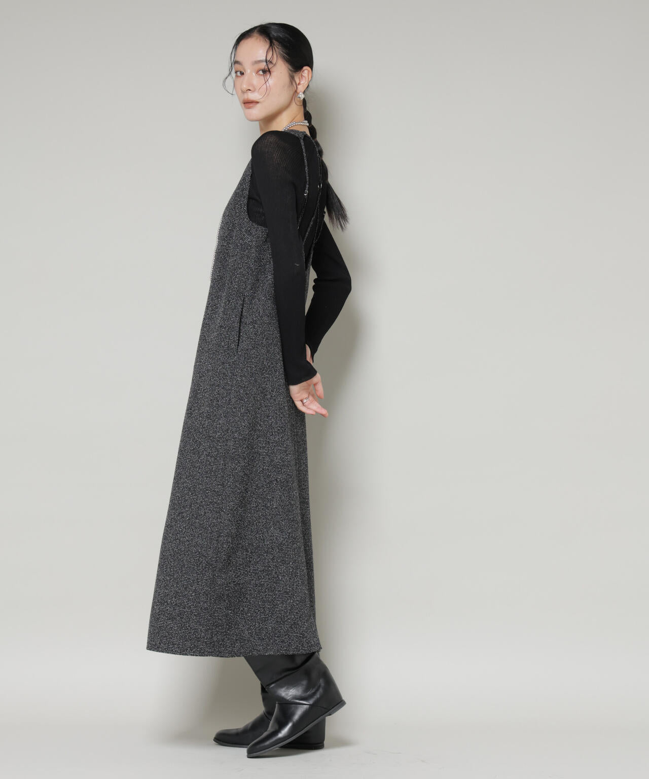 ツイードIラインワンピース×シアーリブニットセット 6695219329