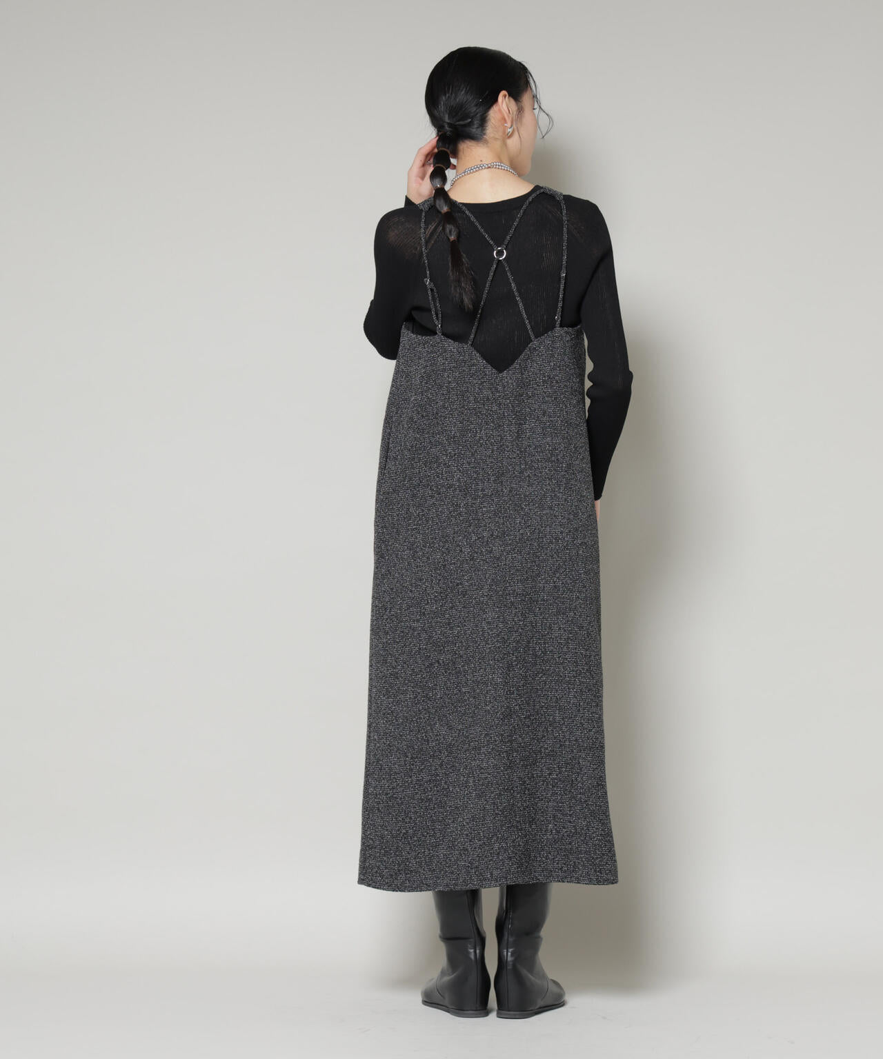 ツイード Iライン ワンピース × シアー リブニット セット