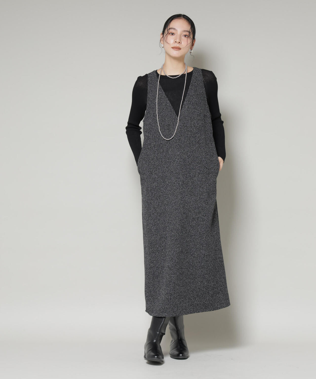ツイード Iライン ワンピース × シアー リブニット セット