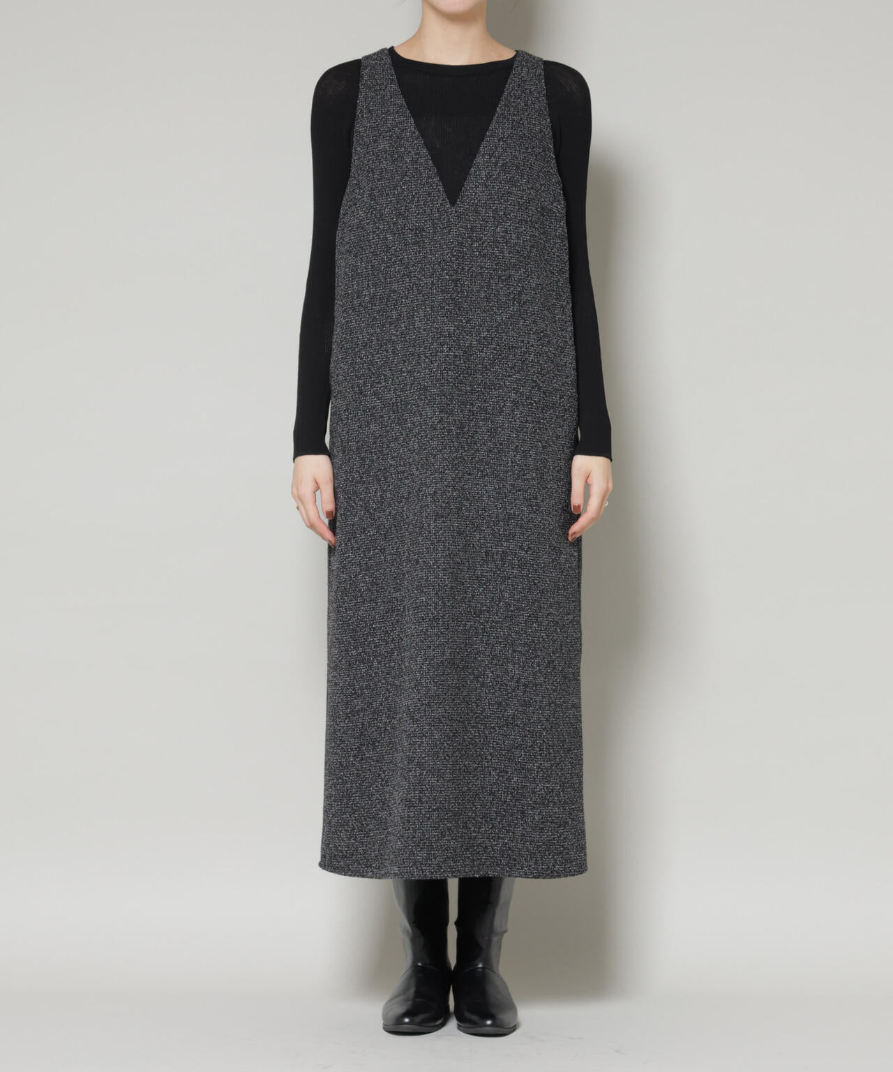 ツイードIラインワンピース×シアーリブニットセット 6695219329