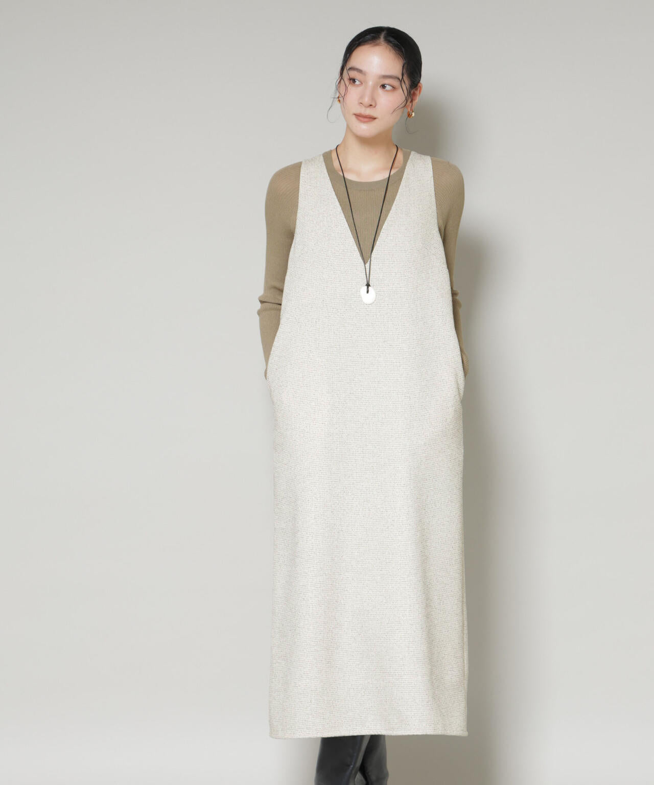 ツイードIラインワンピース×シアーリブニットセット 6695219329