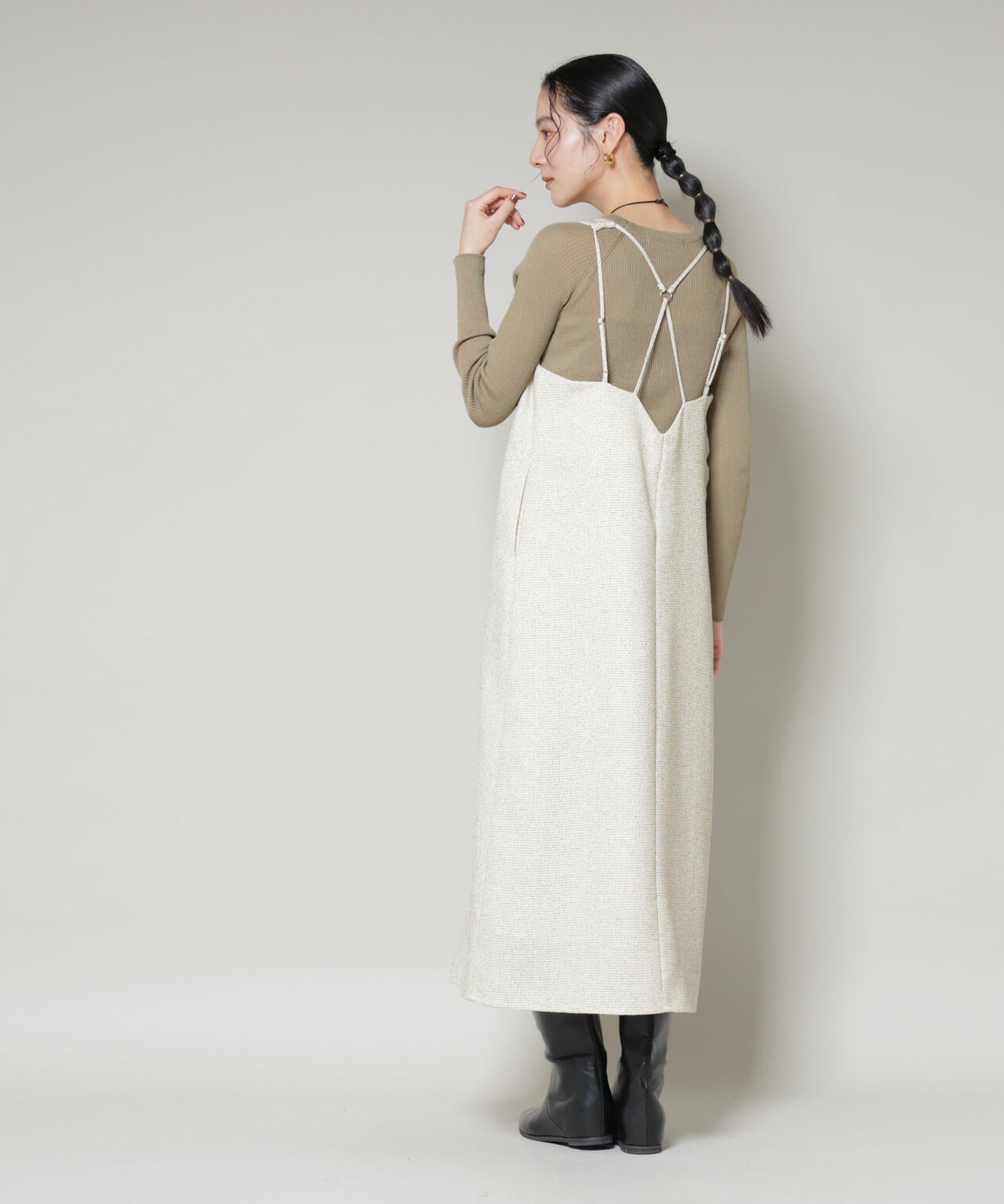 ツイード Iライン ワンピース × シアー リブニット セット