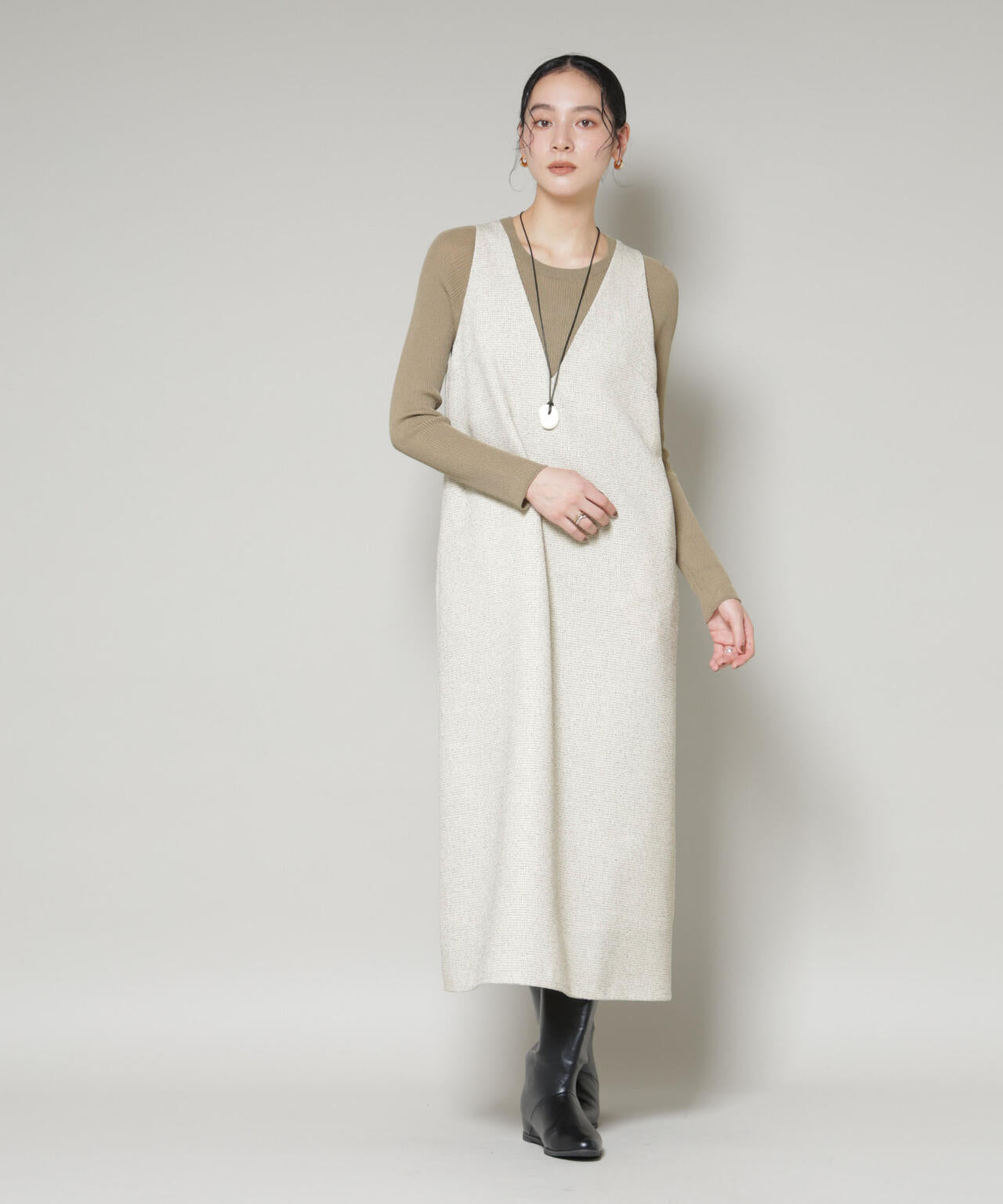 ツイードIラインワンピース×シアーリブニットセット