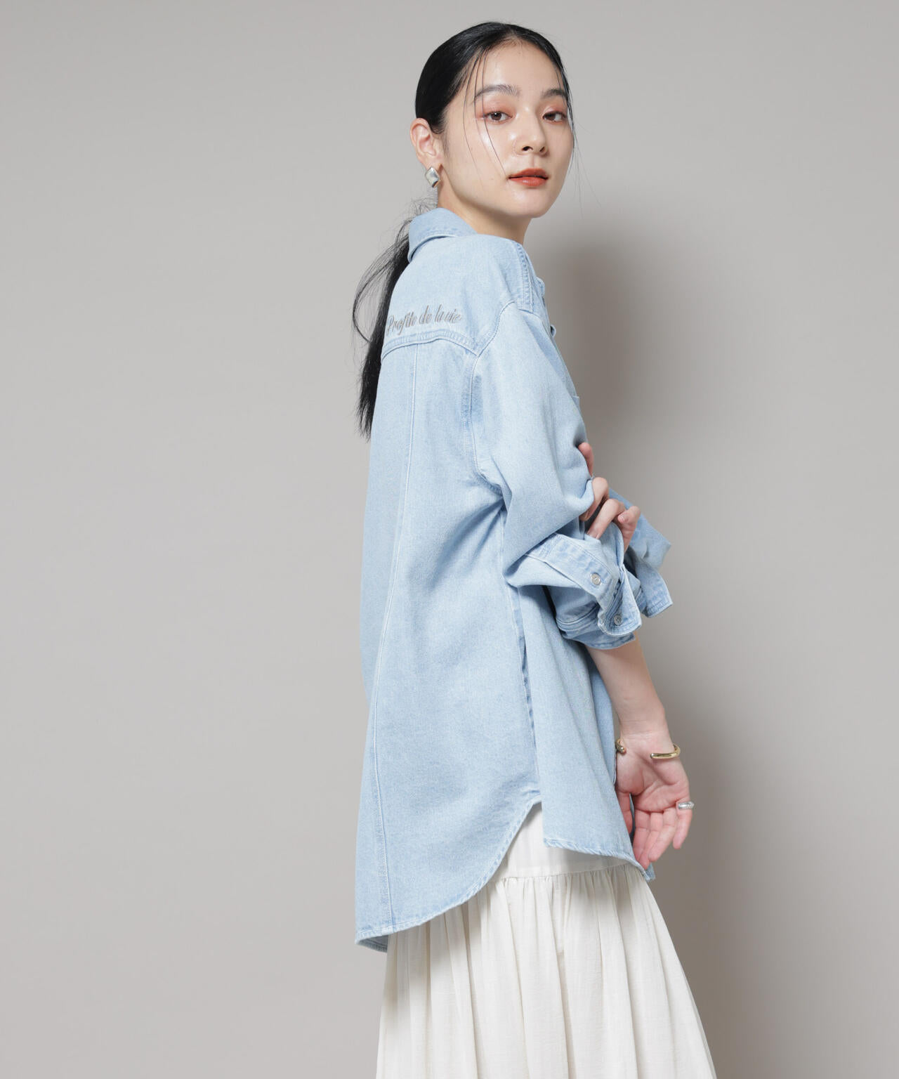 刺繍入りデニムワイドシャツ(セットアップ可) 6695220305