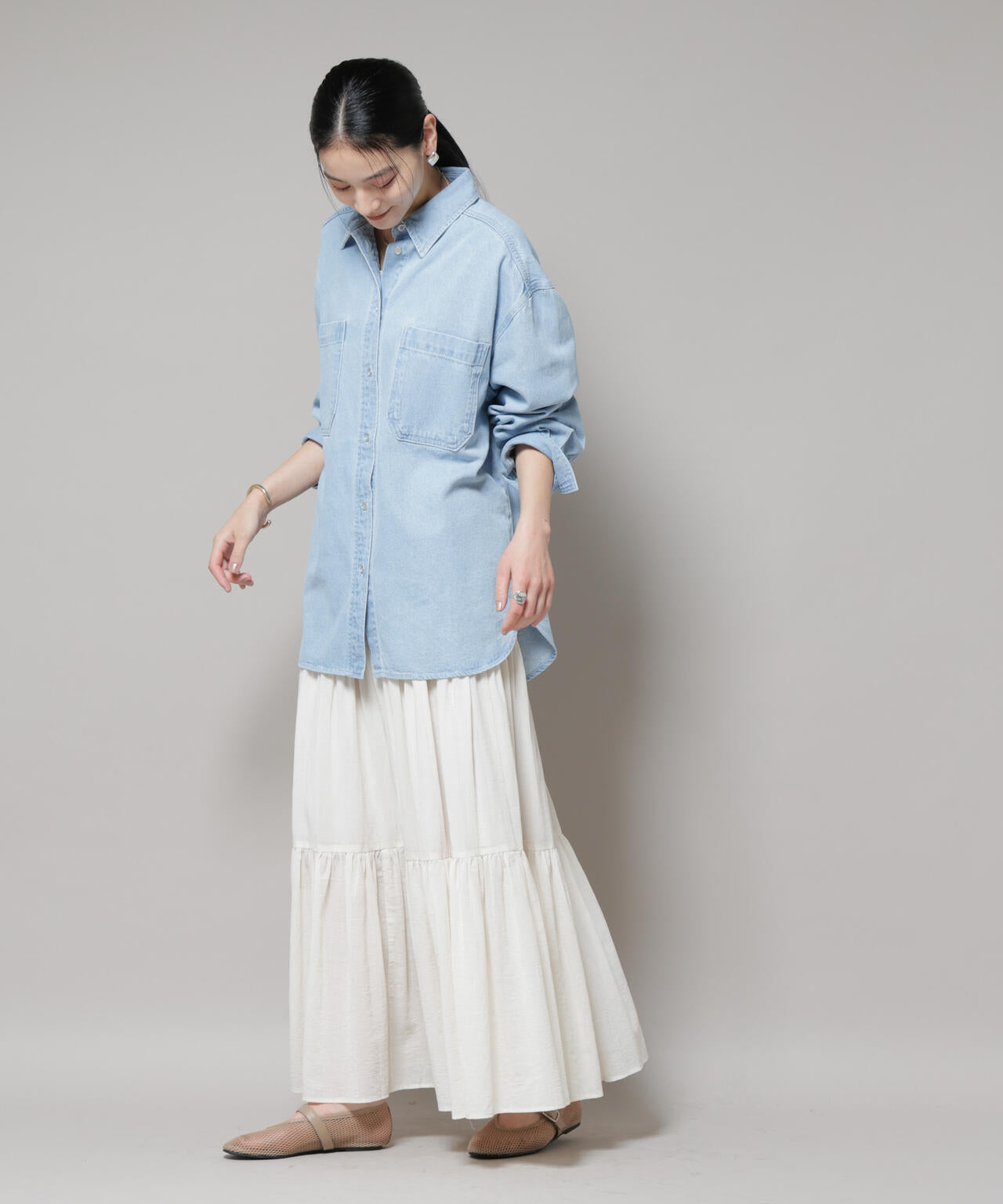 刺繍入りデニムワイドシャツ(セットアップ可) 6695220305