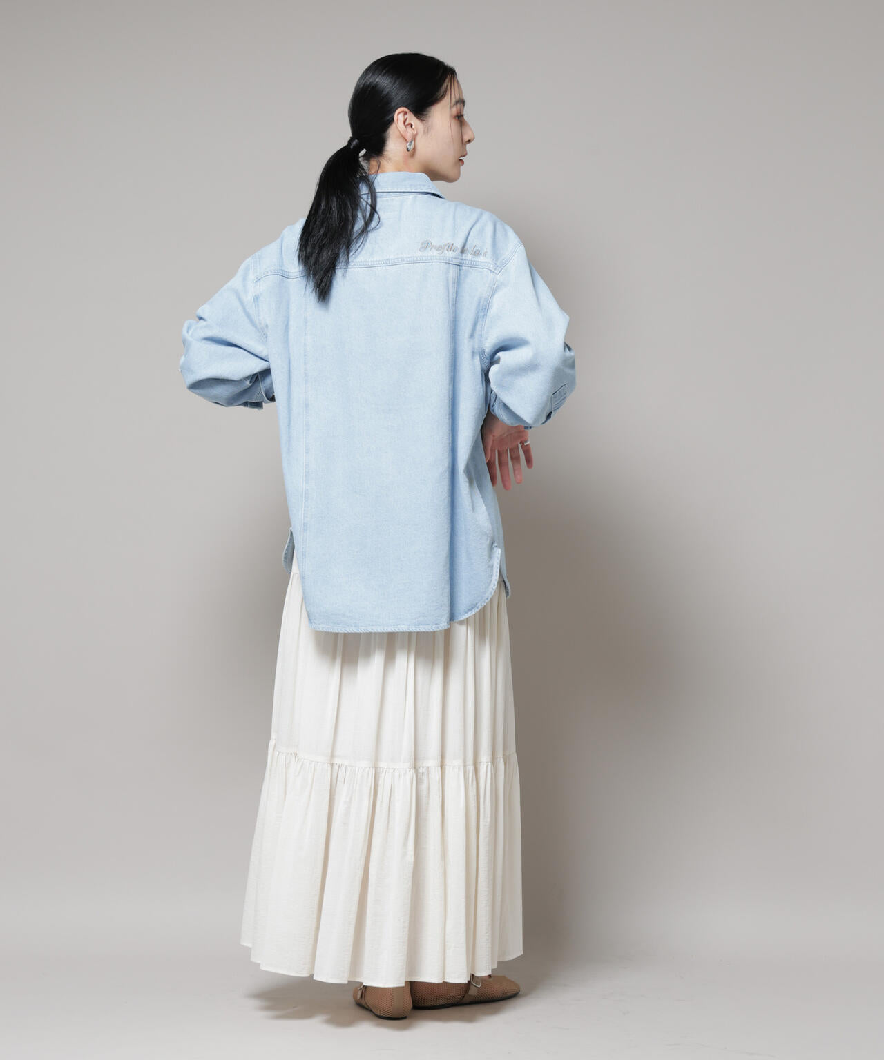 刺繍入りデニムワイドシャツ(セットアップ可) 6695220305