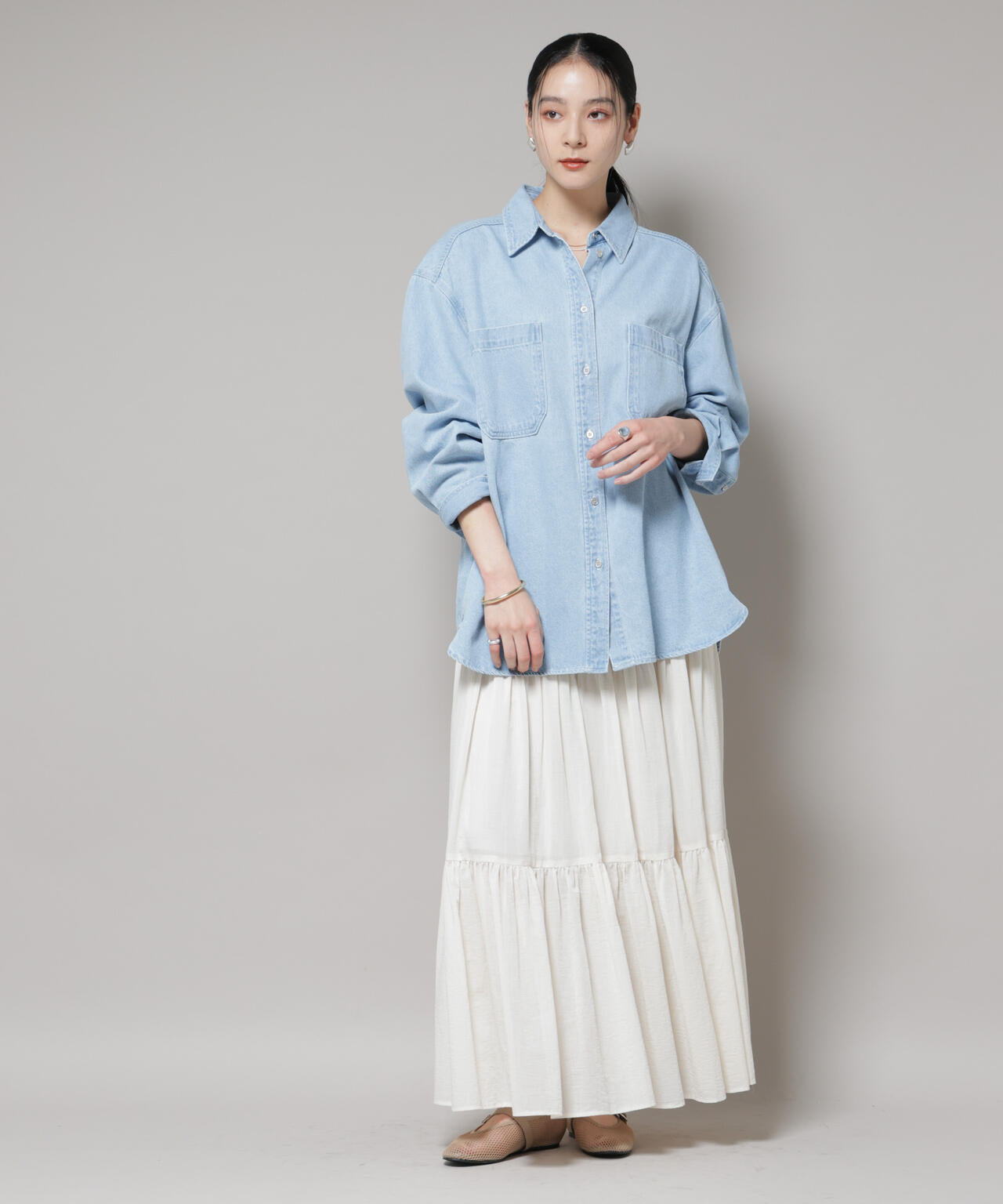 刺繍入りデニムワイドシャツ(セットアップ可) 6695220305