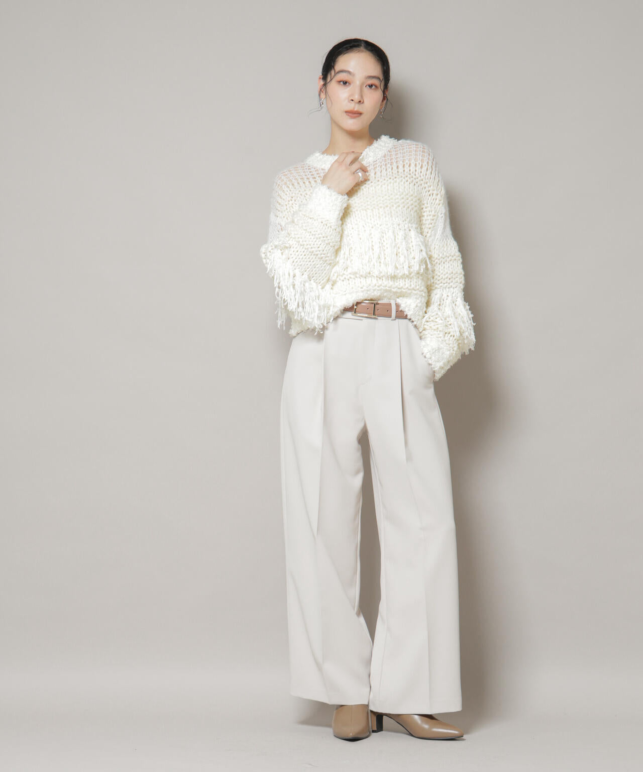 異素材ボーダーフリンジニットプルオーバー 6695222326