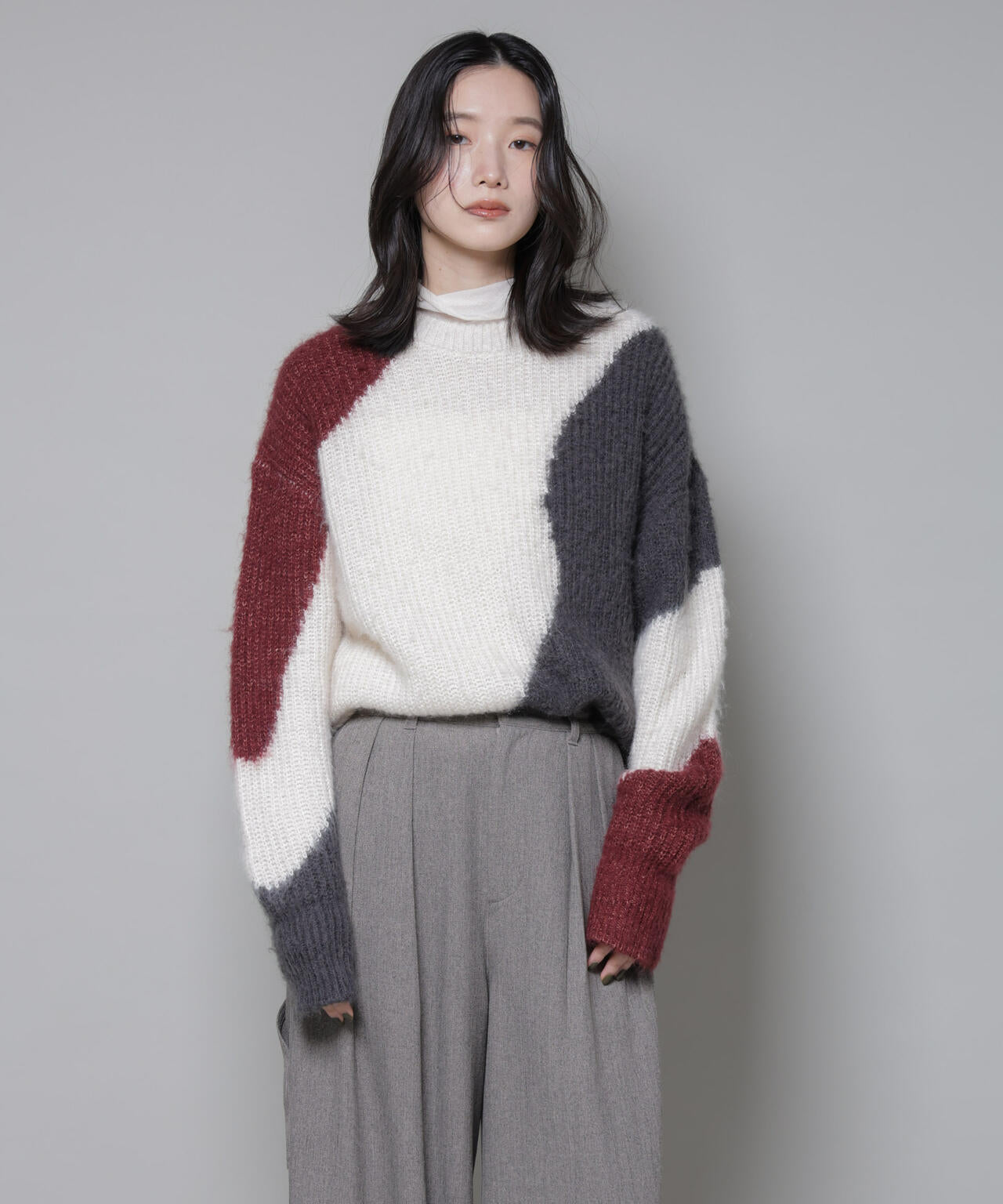 ナノユニバース（NANO universe）/モヘヤ起毛カーブパターンブロッキングニット モヘヤ起毛 カーブパターン ブロッキング ニット