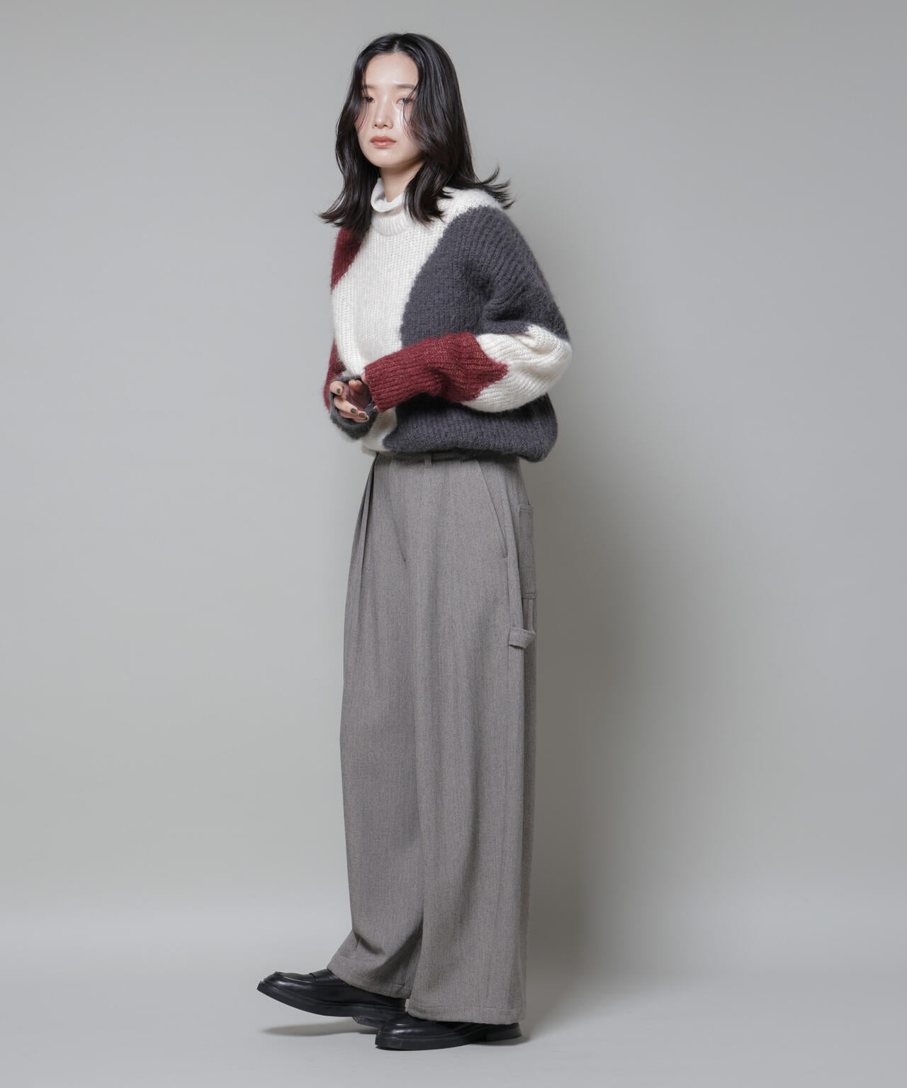 モヘヤ起毛カーブパターンブロッキングニット 6695222337