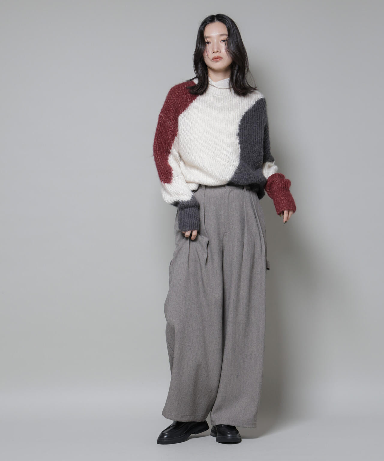 モヘヤ起毛カーブパターンブロッキングニット 6695222337