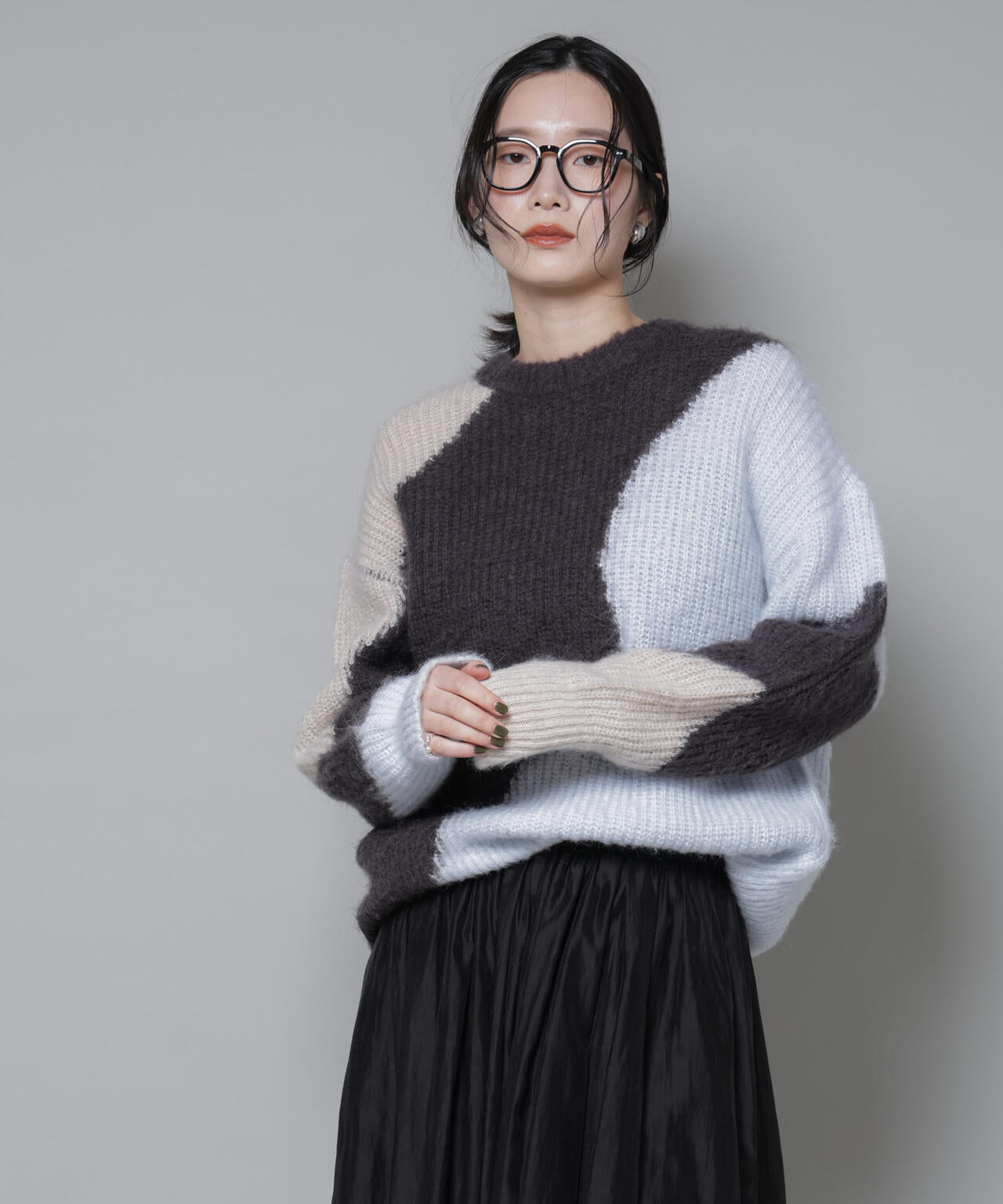 モヘヤ起毛カーブパターンブロッキングニット 6695222337