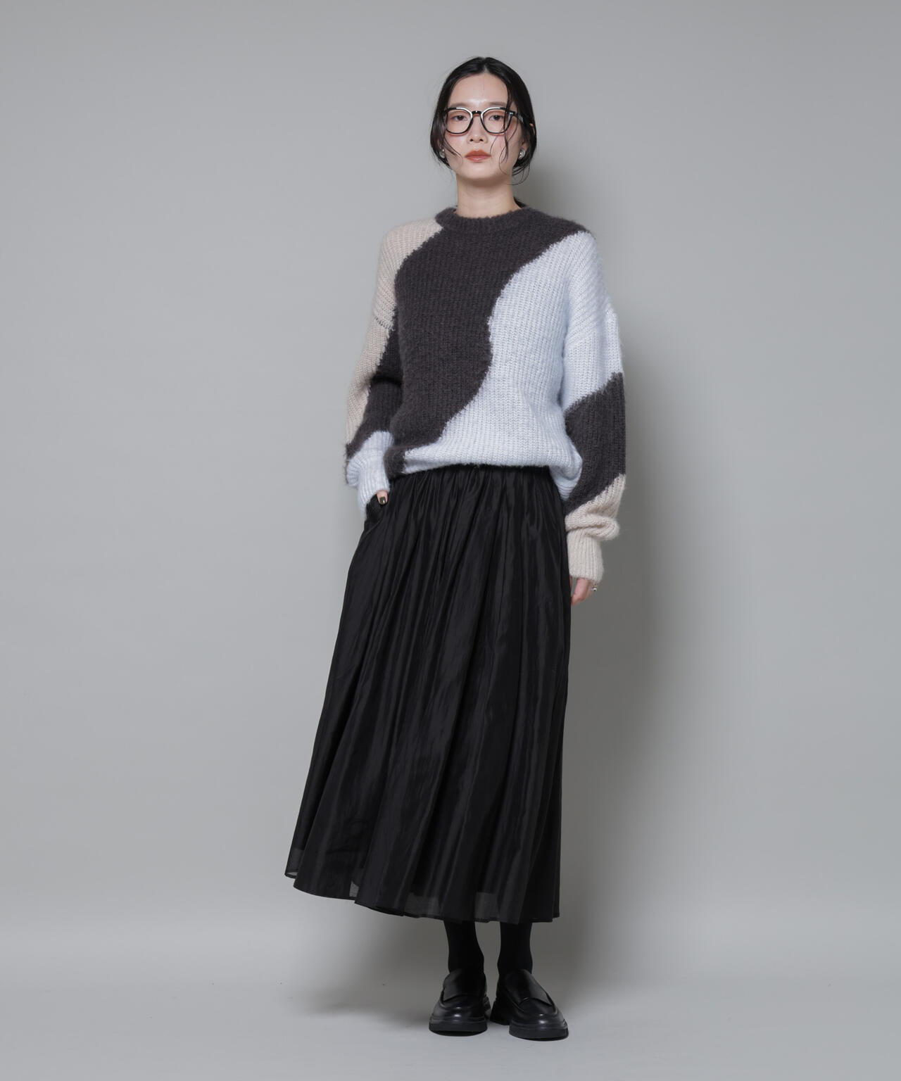 モヘヤ起毛カーブパターンブロッキングニット 6695222337