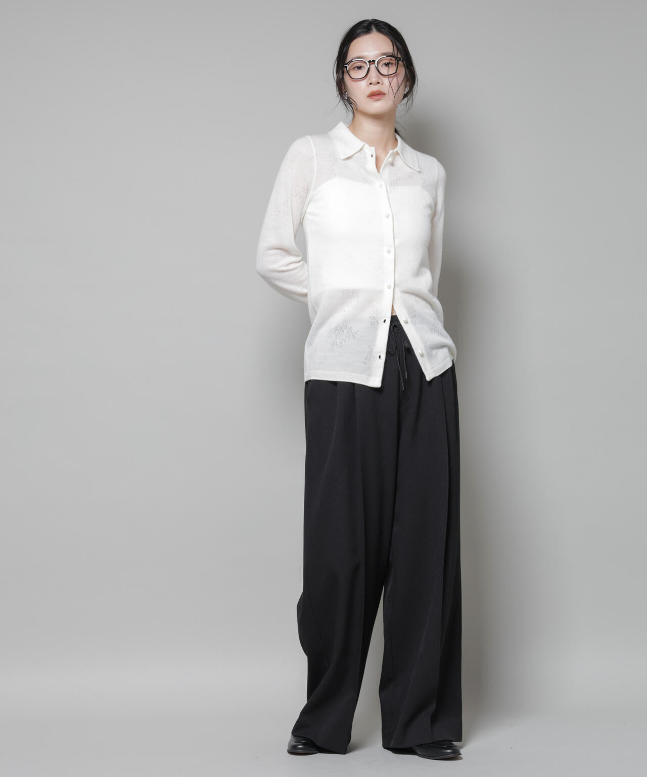 レース ジャカード 長袖 ポロ カーディガン