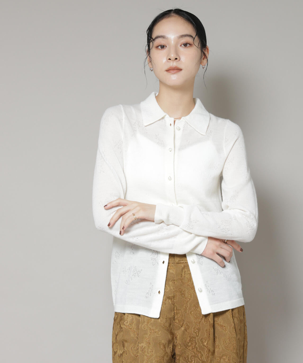 レースジャカード長袖ポロカーディガン 6695222339