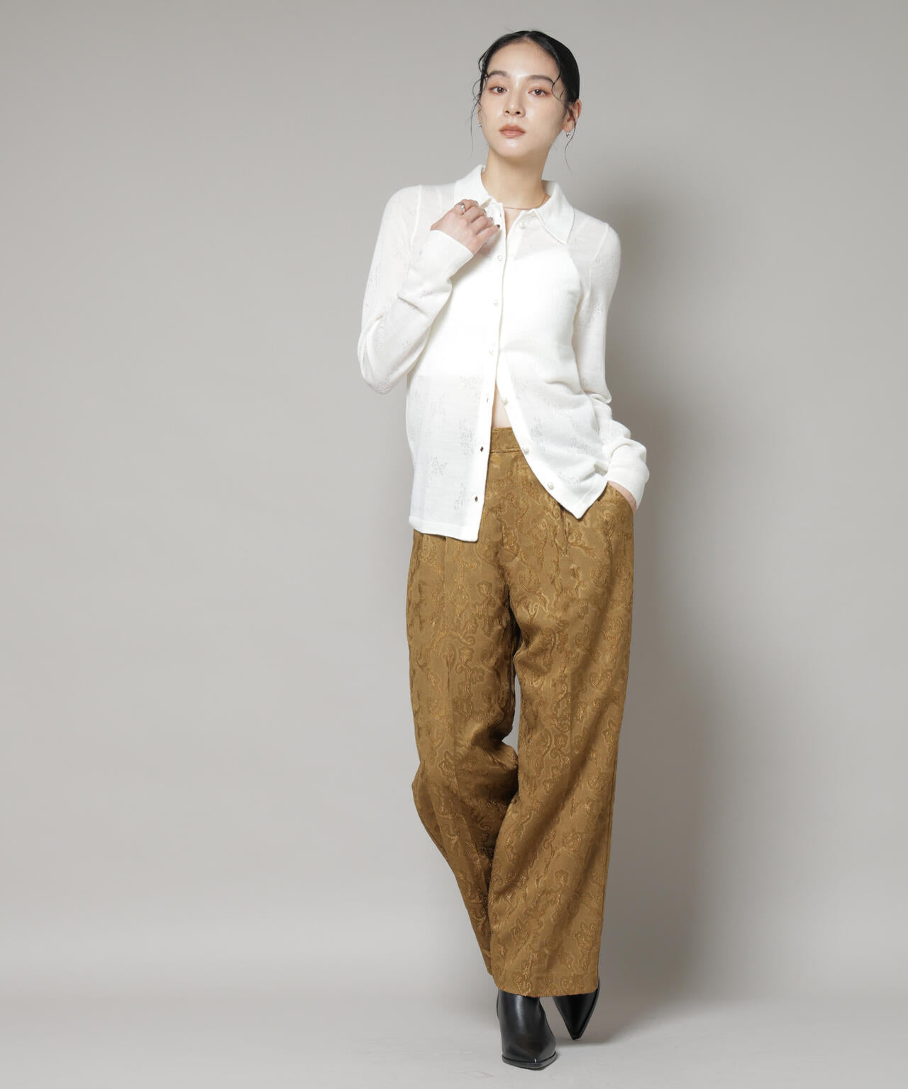 レースジャカード長袖ポロカーディガン 6695222339