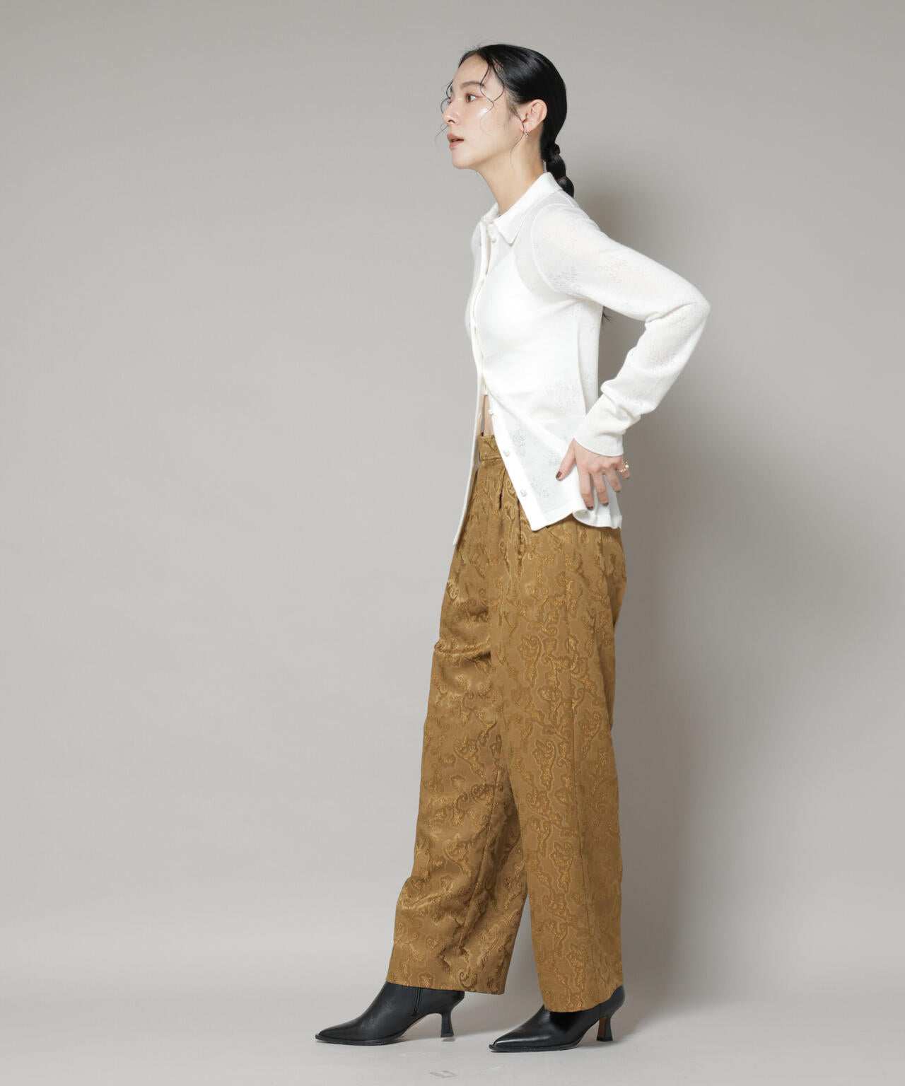 レースジャカード長袖ポロカーディガン 6695222339