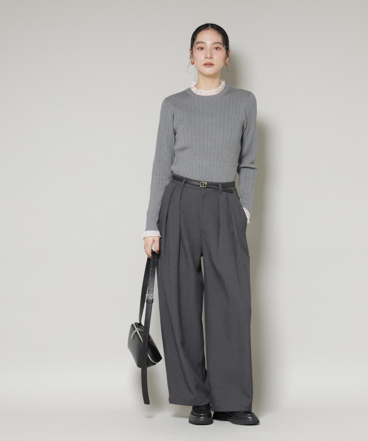 ホホバオイル加工チュールフリル付きランダムリブニット 6695222342