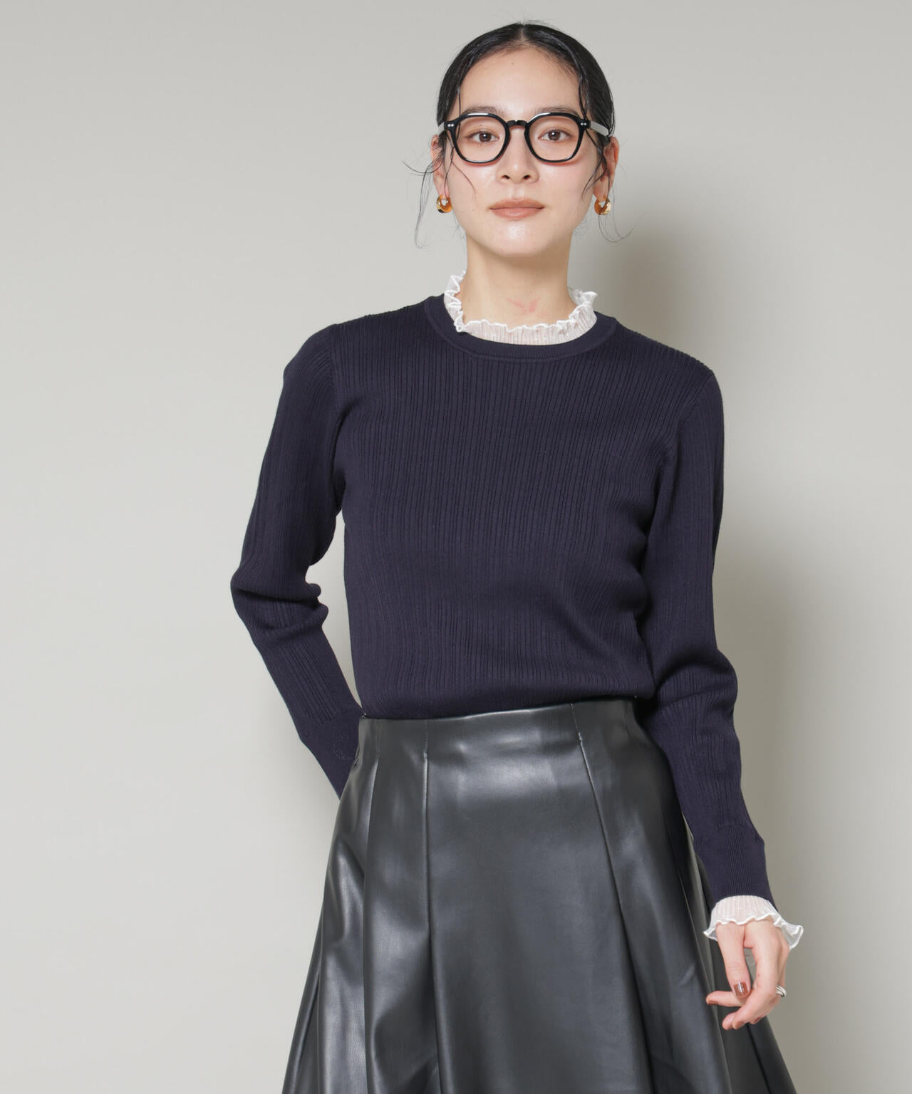 ホホバオイル加工チュールフリル付きランダムリブニット 6695222342