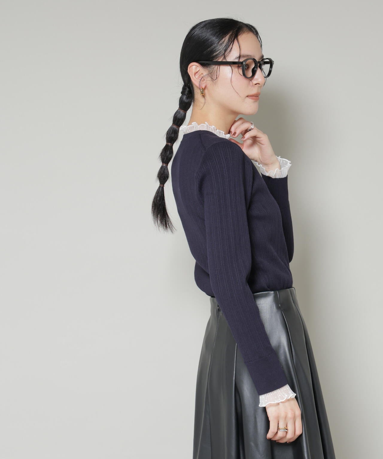 ホホバオイル加工チュールフリル付きランダムリブニット 6695222342