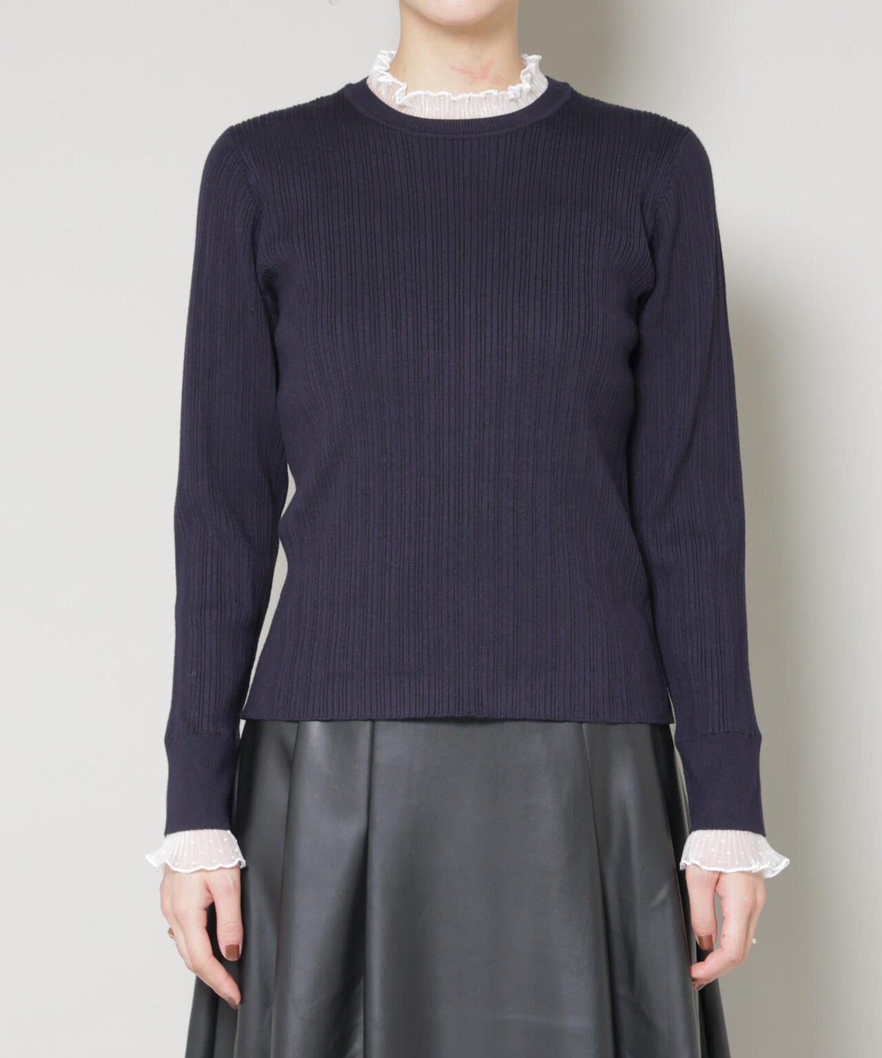 ホホバオイル加工チュールフリル付きランダムリブニット 6695222342