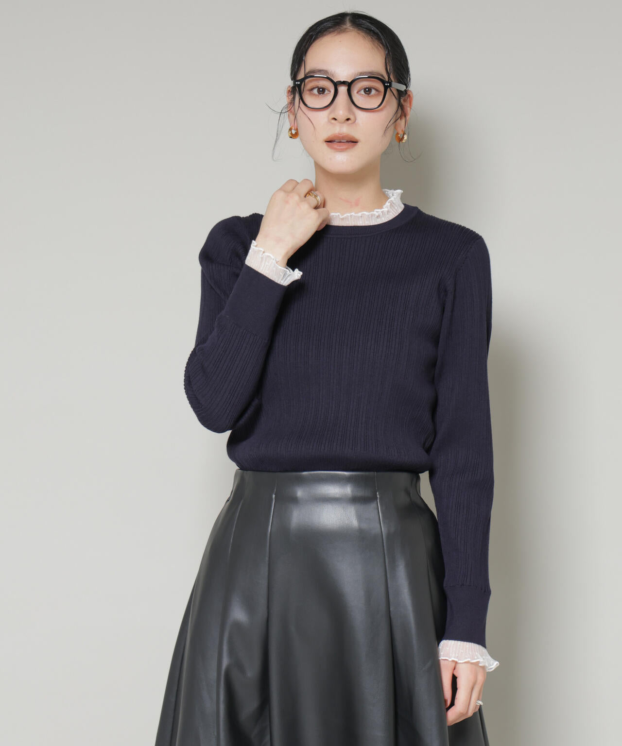 ホホバオイル加工チュールフリル付きランダムリブニット