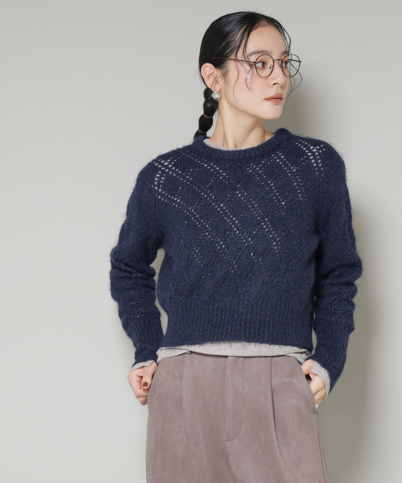 ヘアリー透かし ダイヤ柄 ニットプルオーバー