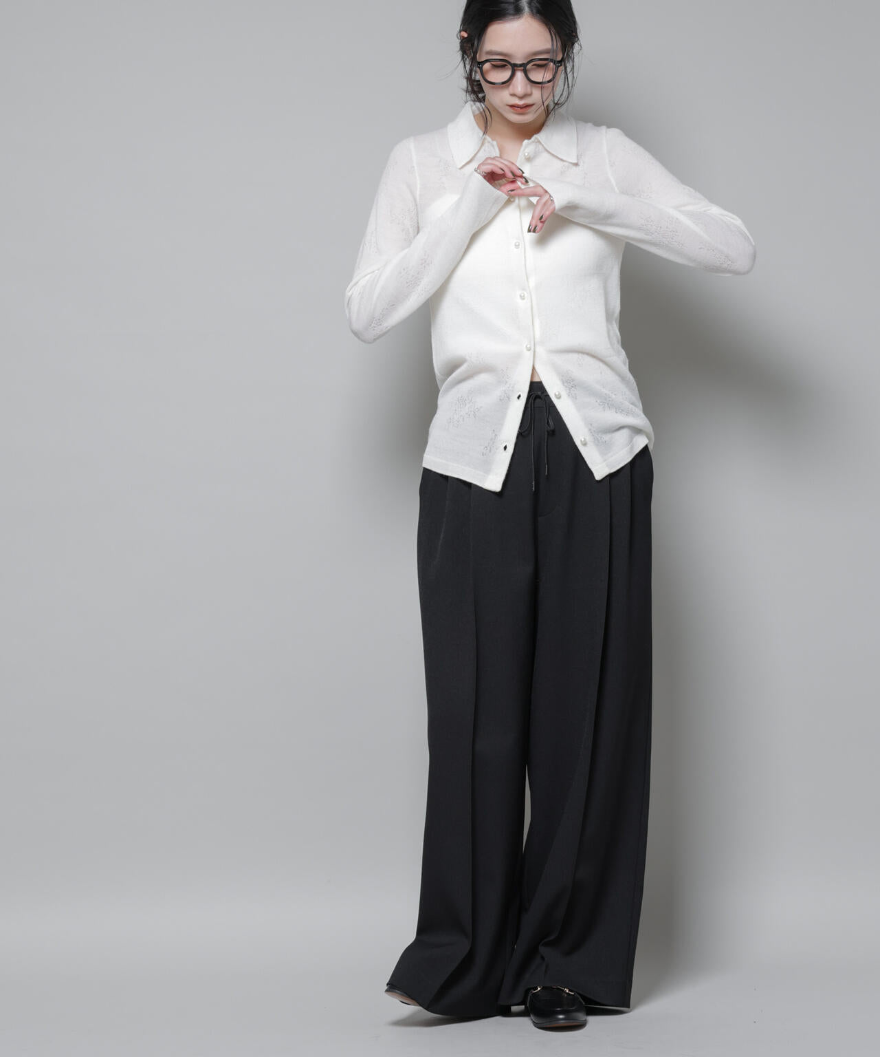 ストレッチサージ ピンタック イージー ワイドパンツ ( セットアップ 可)