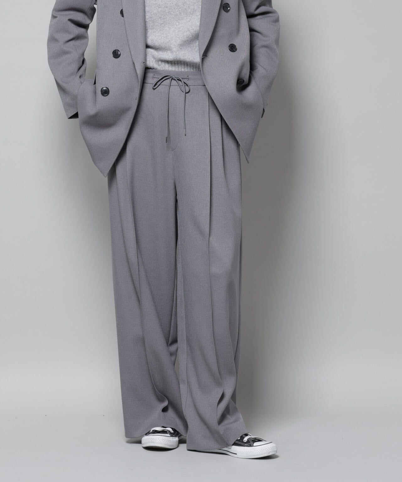 ストレッチサージ ピンタック イージー ワイドパンツ ( セットアップ 可)