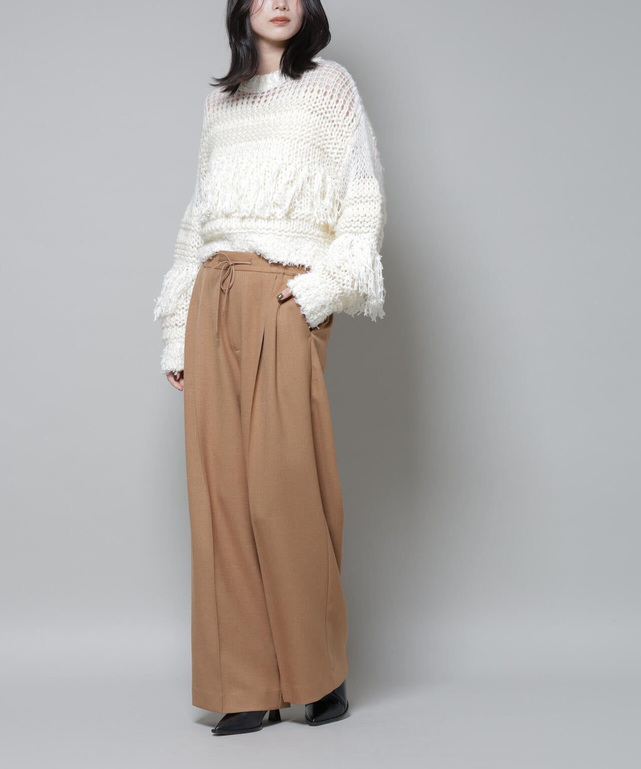 ストレッチサージ ピンタック イージー ワイドパンツ ( セットアップ 可)