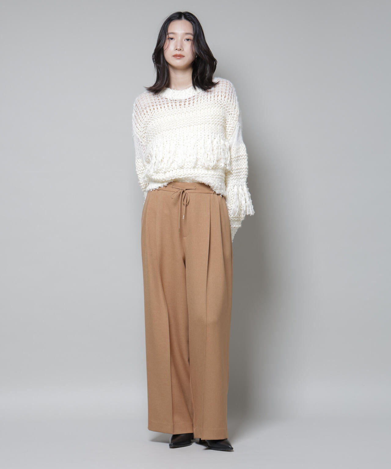 ストレッチサージ ピンタック イージー ワイドパンツ ( セットアップ 可)