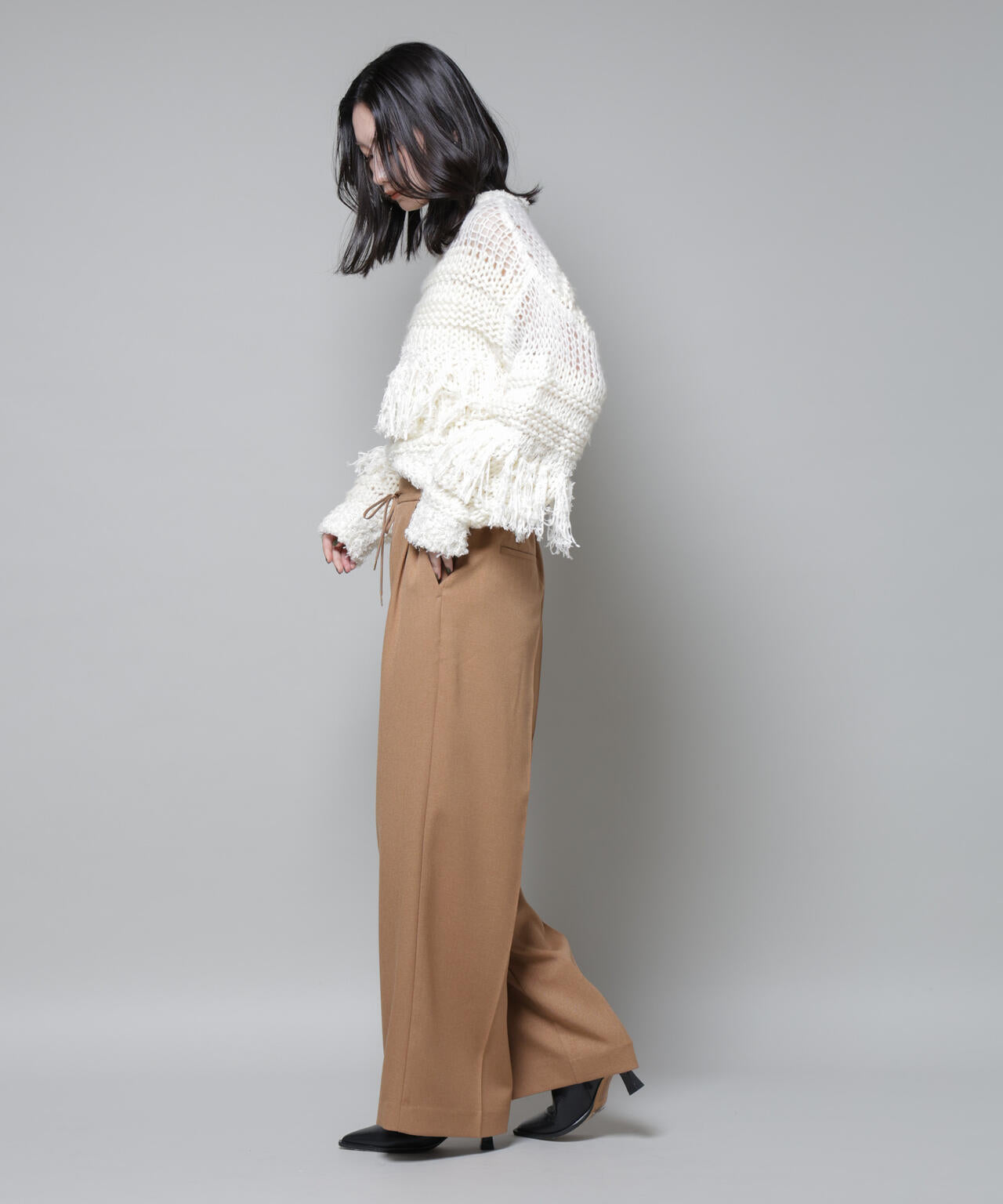 ストレッチサージ ピンタック イージー ワイドパンツ ( セットアップ 可)