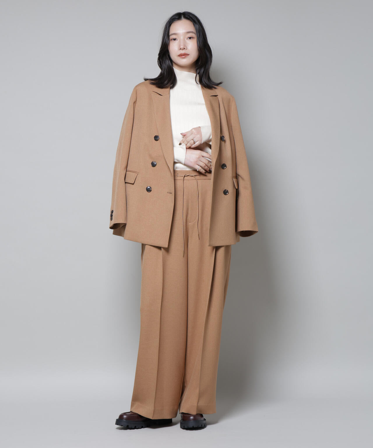 ストレッチサージ ピンタック イージー ワイドパンツ ( セットアップ 可)