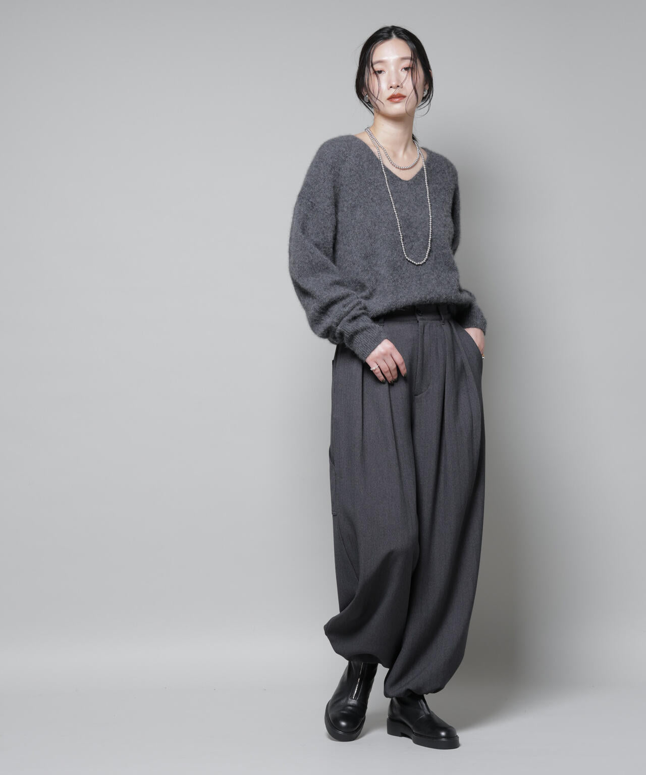 ヘリンボン ツイード ペインター ドロスト パンツ