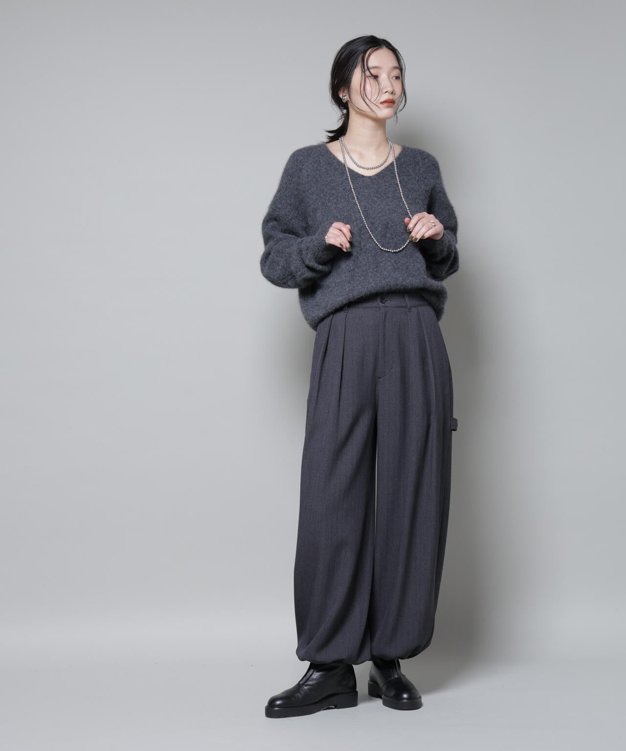 ヘリンボン ツイード ペインター ドロスト パンツ