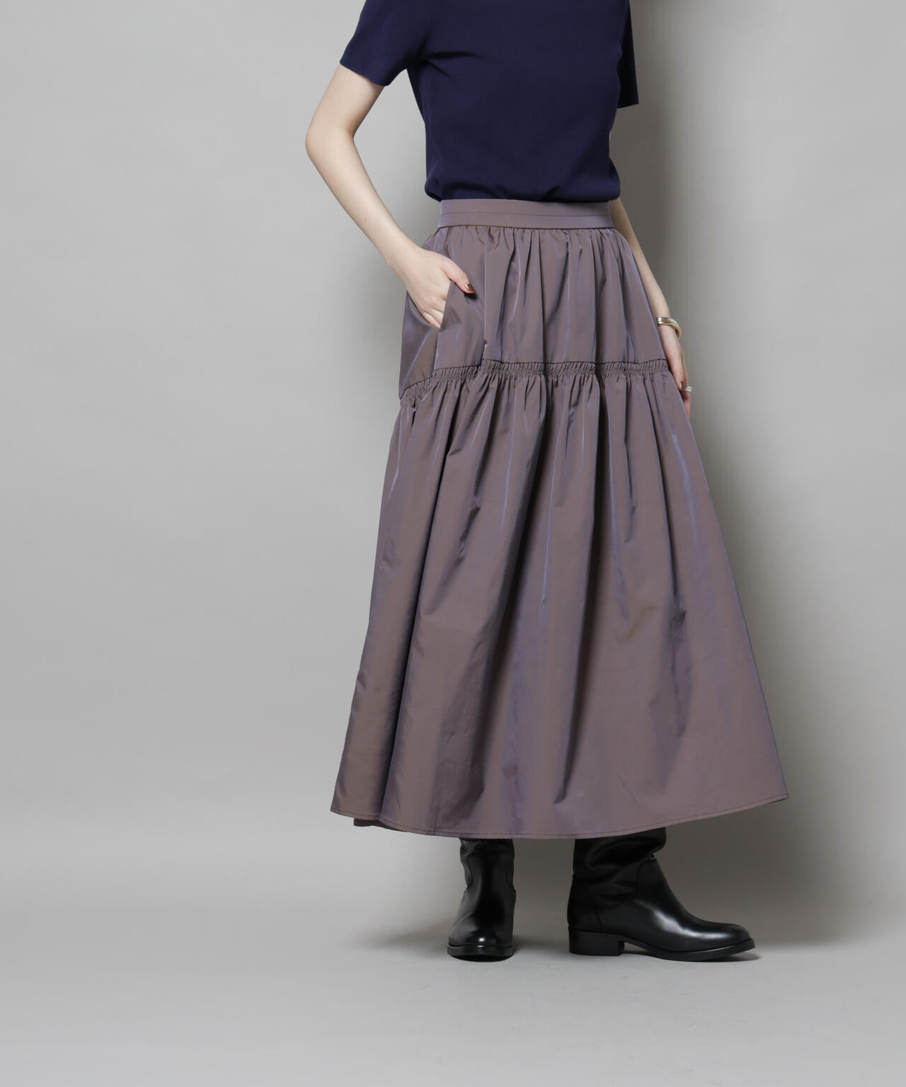 シャンブレータフタティアードギャザースカート 6695230304