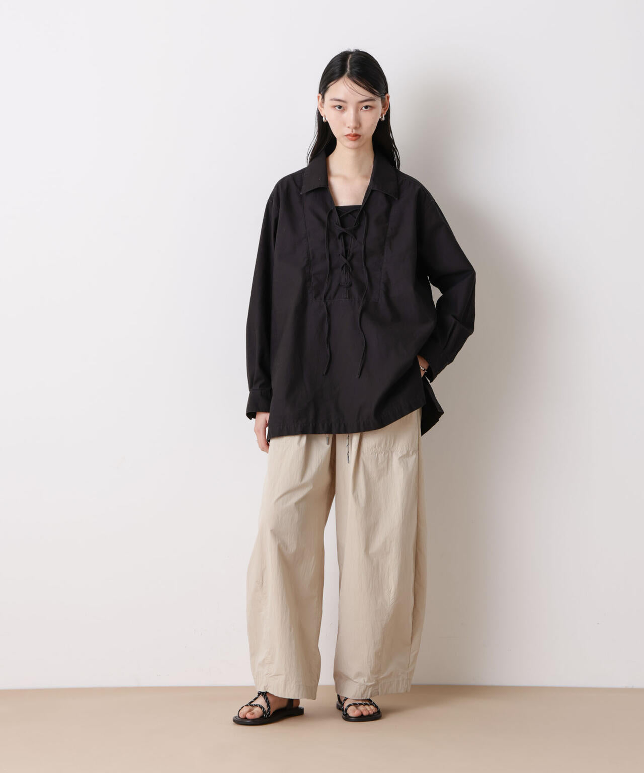 「STEVELOUR」コットンレースアップチュニックシャツ 6696112305