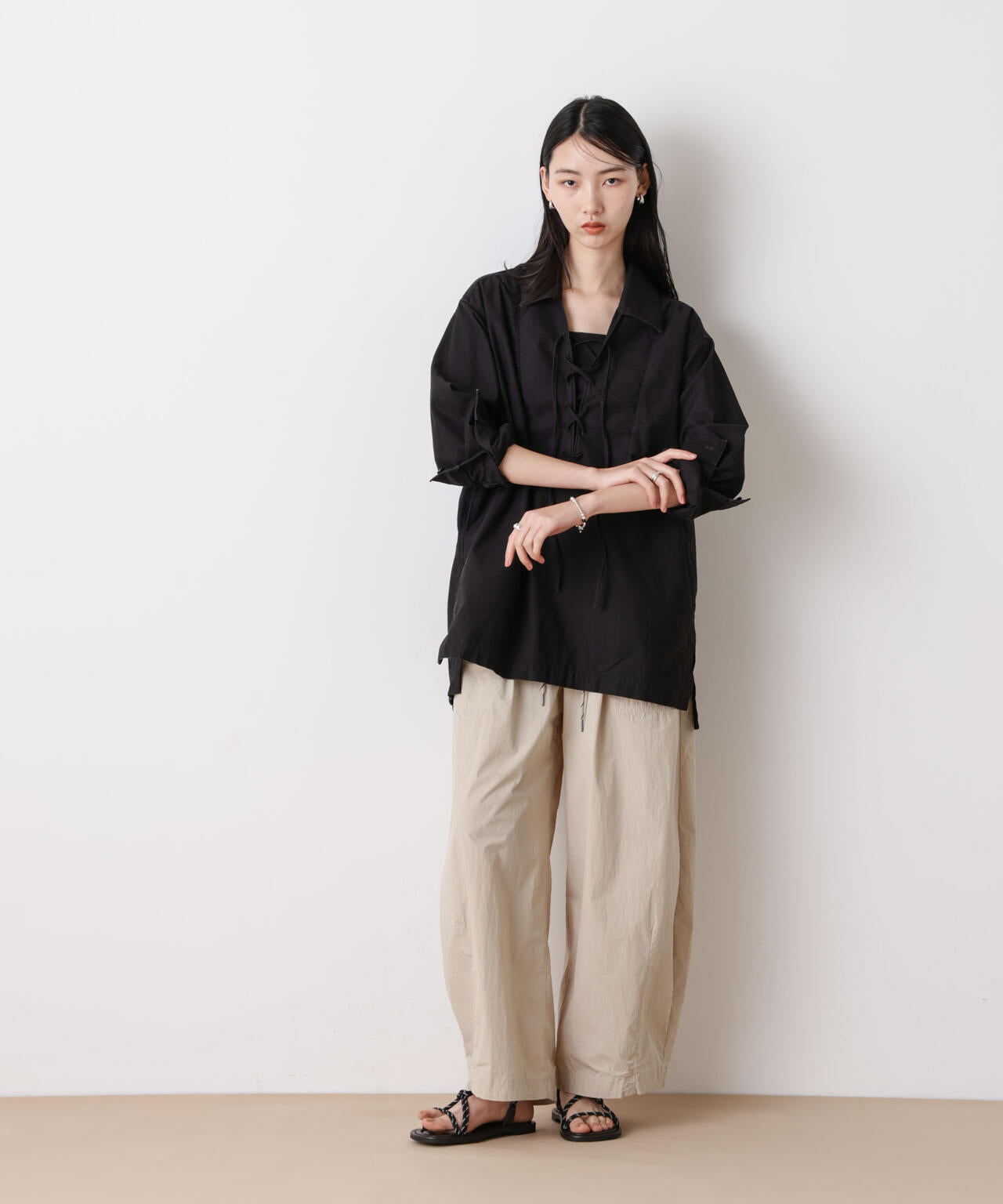 「STEVELOUR」コットンレースアップチュニックシャツ 6696112305