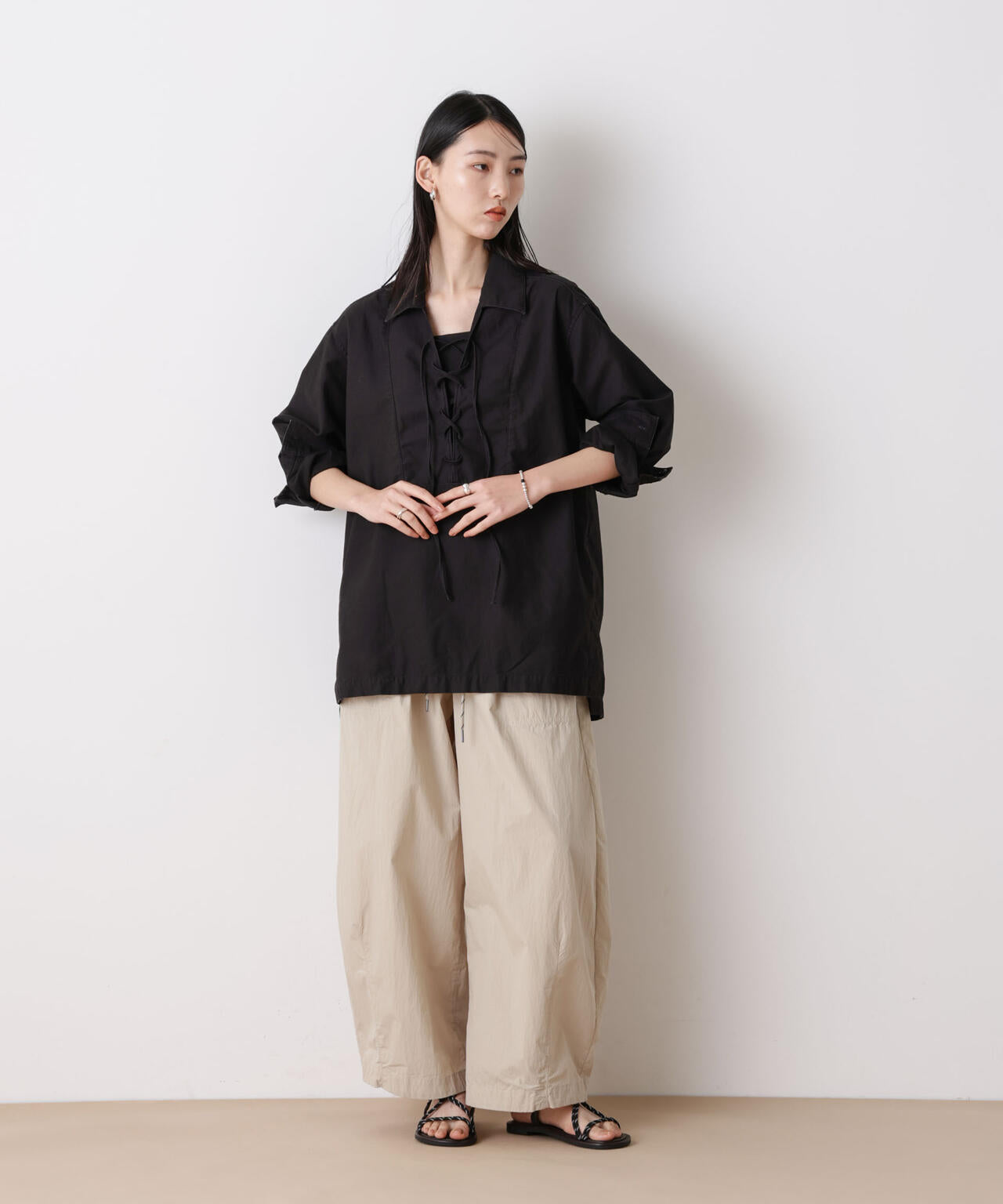 「STEVELOUR」コットンレースアップチュニックシャツ 6696112305