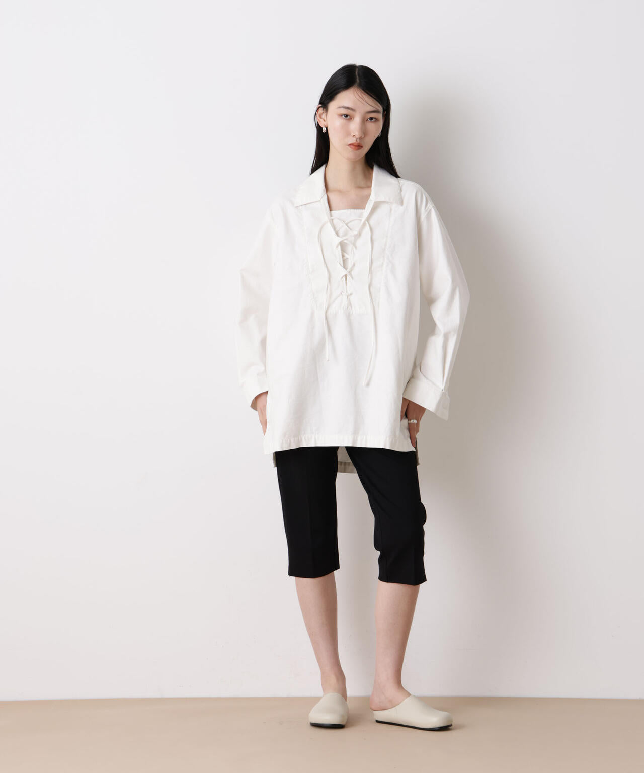 「STEVELOUR」コットンレースアップチュニックシャツ 6696112305