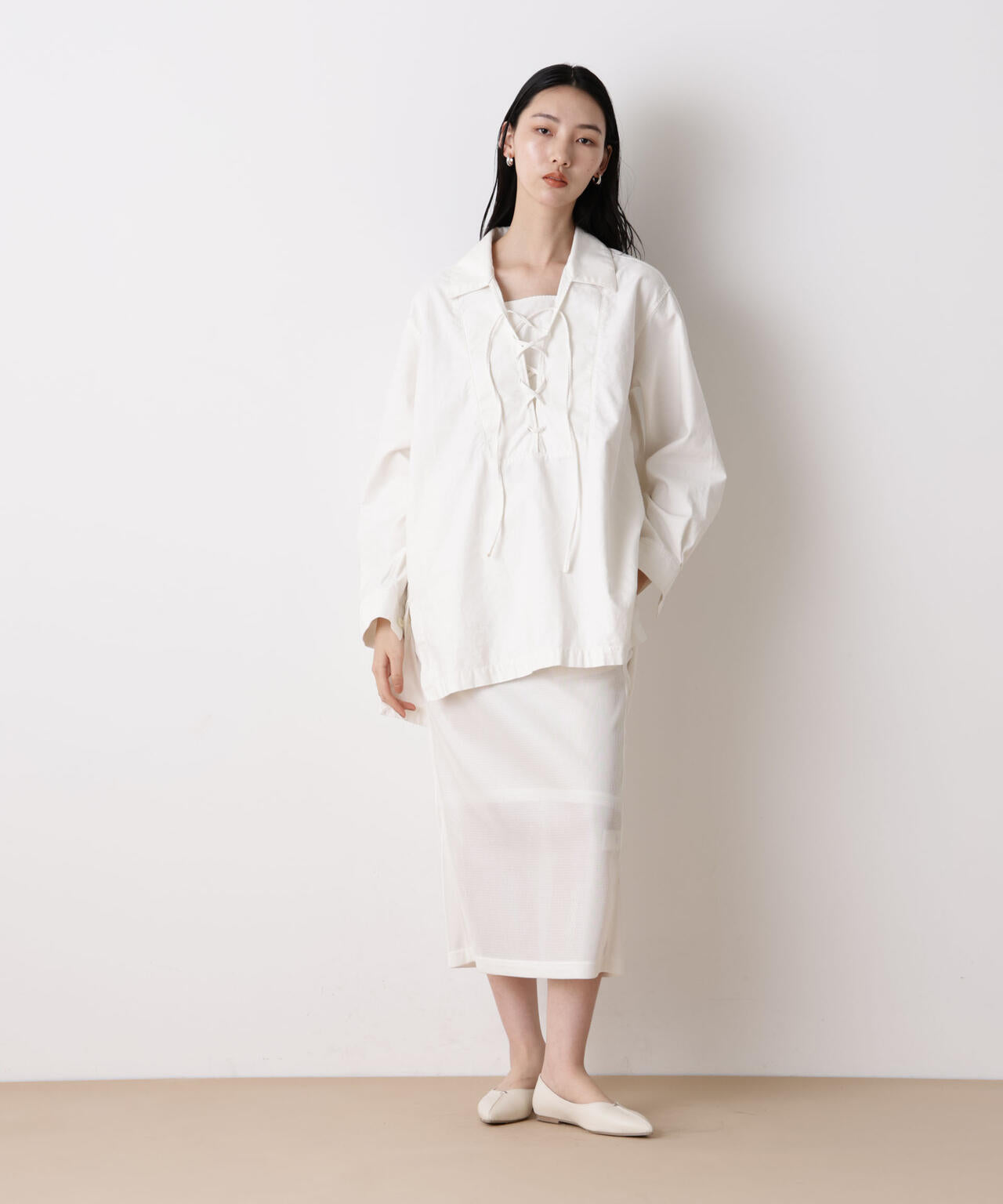 「STEVELOUR」コットンレースアップチュニックシャツ 6696112305