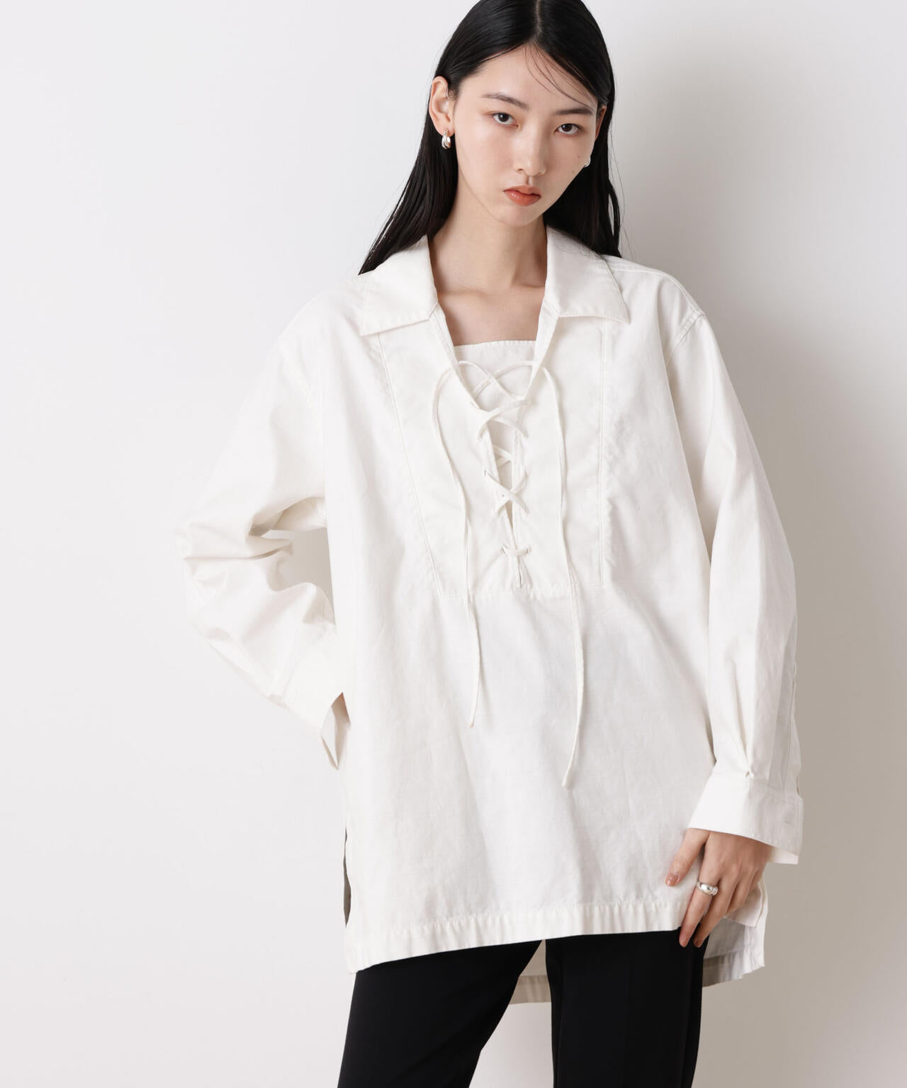 「STEVELOUR」コットンレースアップチュニックシャツ 6696112305