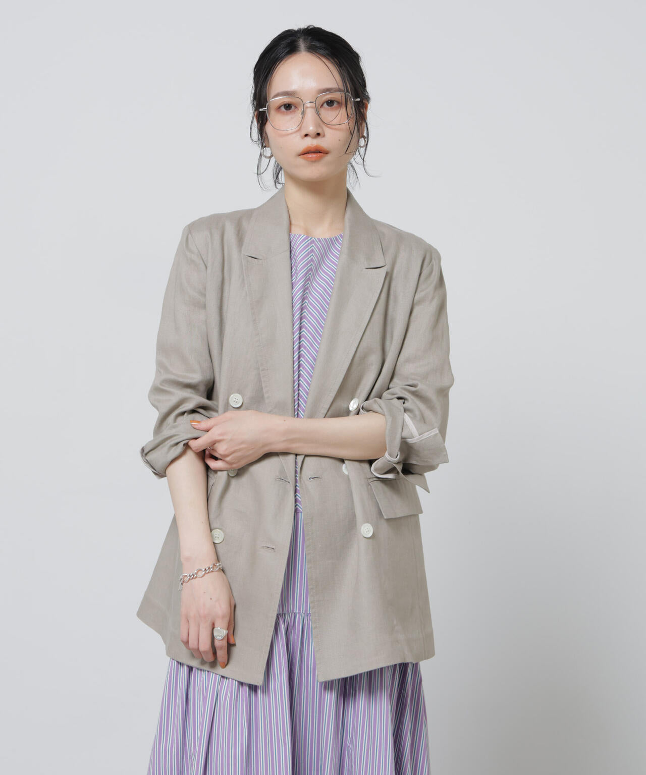 ナノユニバース別注 リングジャケット シングルセットアップ44 ベージュ 春秋冬 N JACKET BASIC｣ 洗えるMIXツイードストレッチジャケット(セットアップ可)