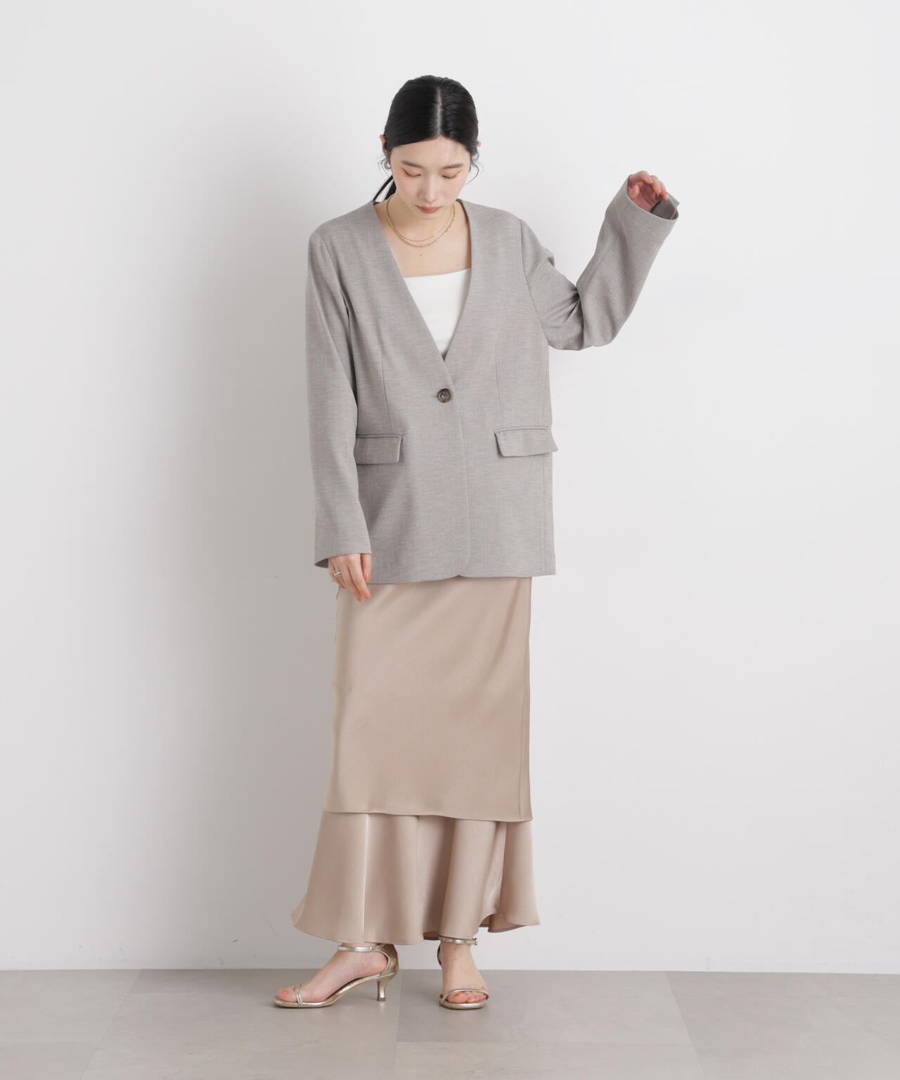 リネンライクツイルラペルレスジャケット 6696116309